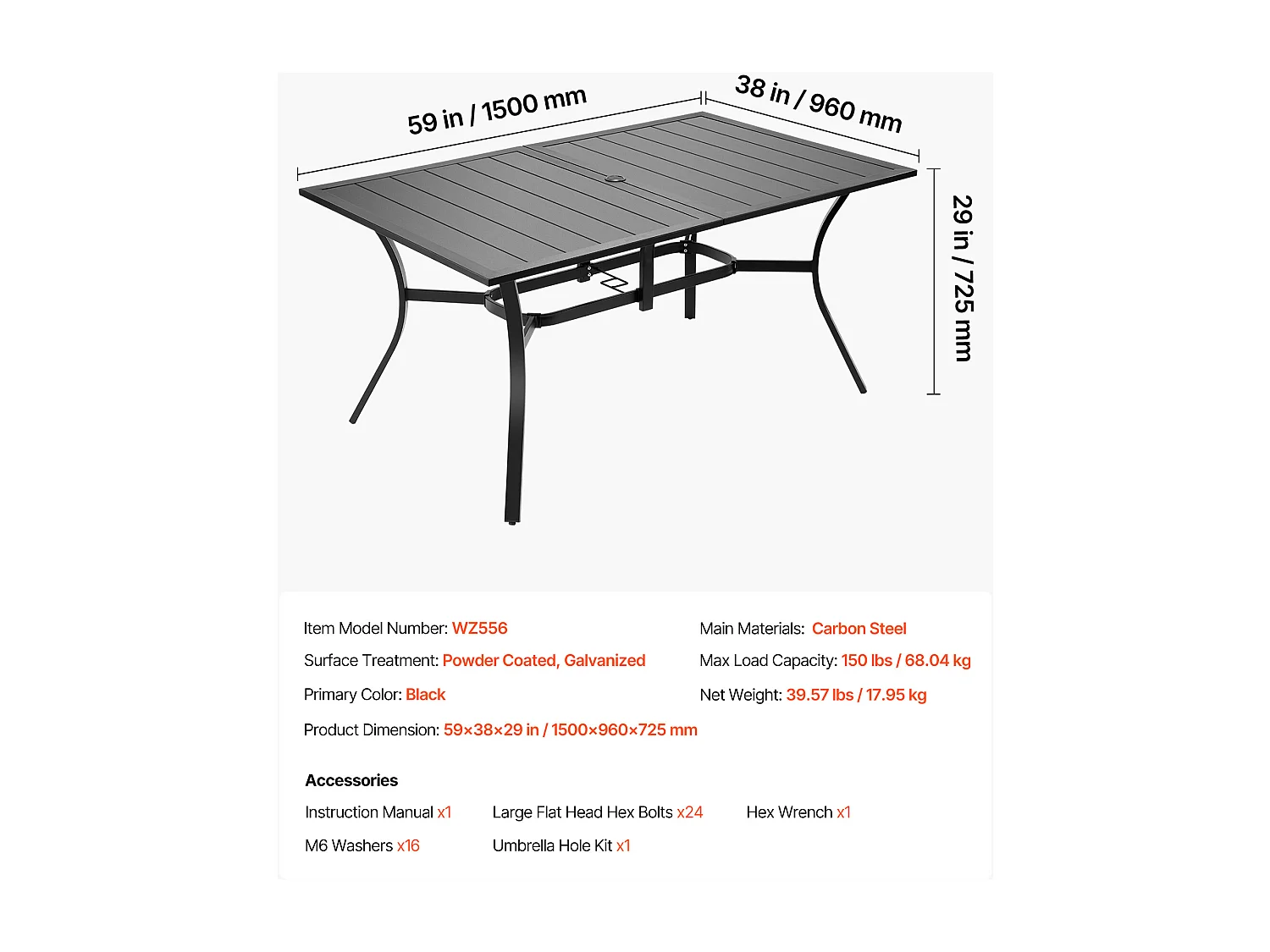 Table à Manger SucceBuy pour Patio Extérieur 150 cm, Table de Bistrot Rectangulaire en Acier Et Métal, pour 4-6 Personnes, Trou pour Parasol 3.8 cm, Noir