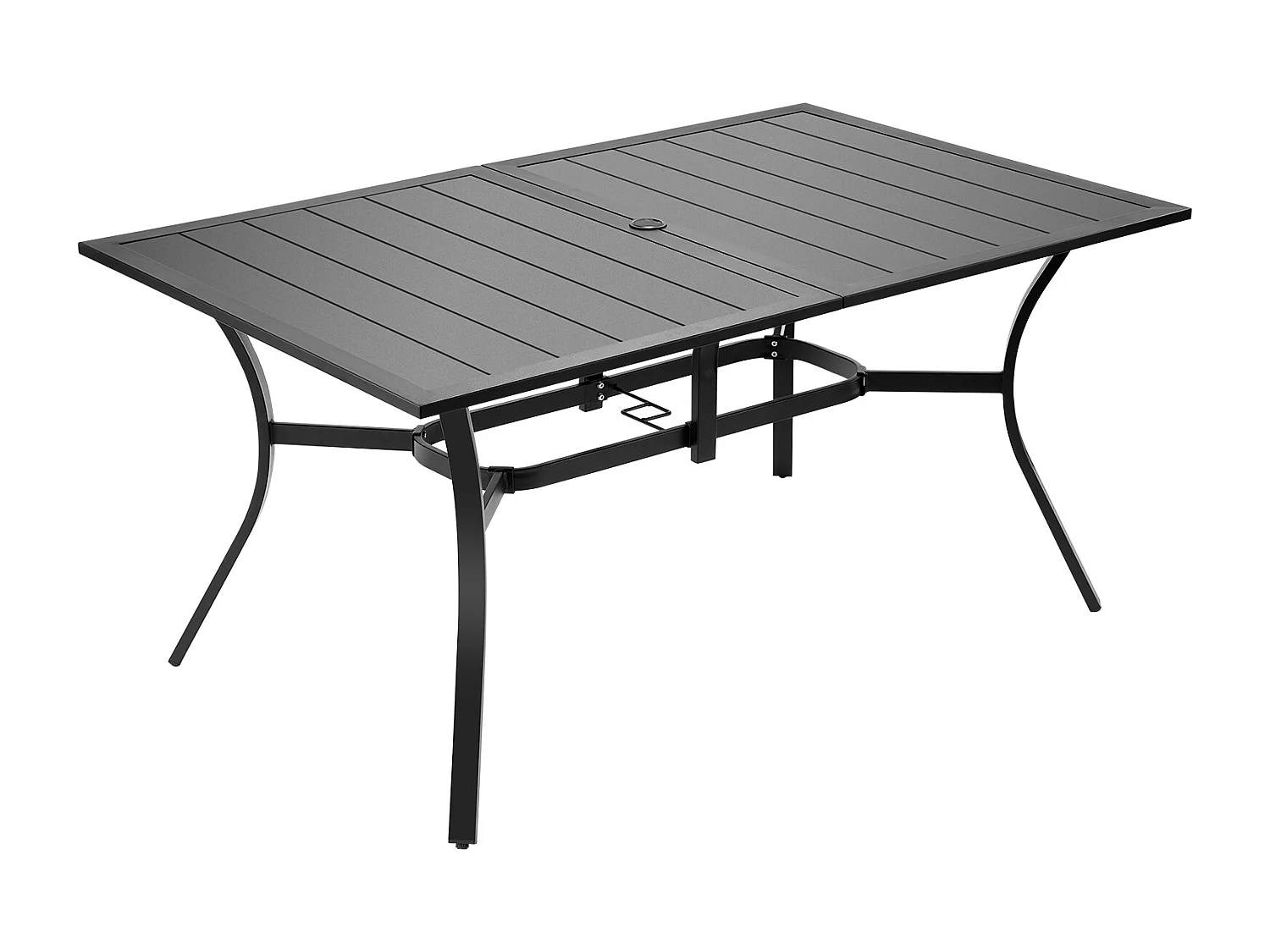 Table à Manger SucceBuy pour Patio Extérieur 150 cm, Table de Bistrot Rectangulaire en Acier Et Métal, pour 4-6 Personnes, Trou pour Parasol 3.8 cm, Noir