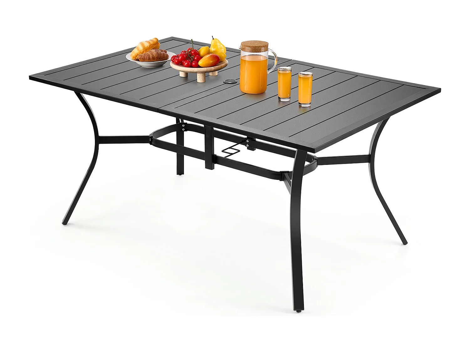 Table à Manger SucceBuy pour Patio Extérieur 150 cm, Table de Bistrot Rectangulaire en Acier Et Métal, pour 4-6 Personnes, Trou pour Parasol 3.8 cm, Noir