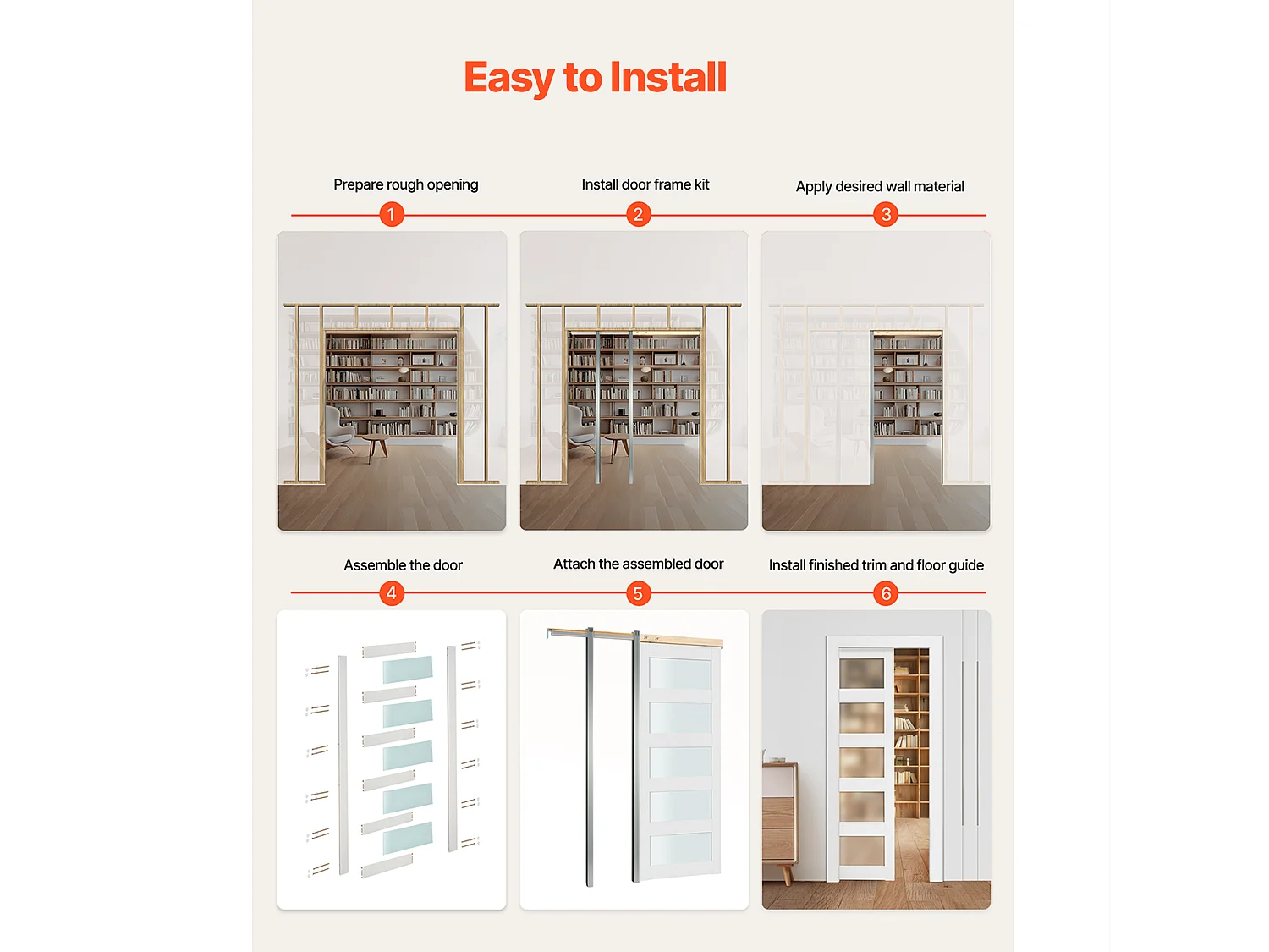 Porte Coulissante Escamotable SucceBuy 203,5x91,5 cm, Simple Porte à Galandage avec 5 Panneaux en Verre Dépoli, Kit de Quincaillerie, Robuste en Bois Massif