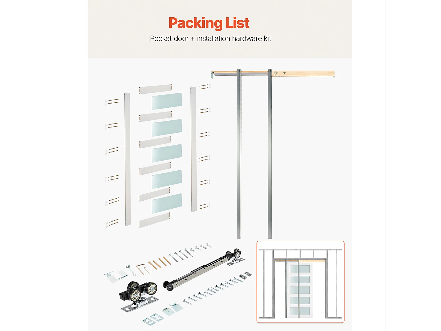 Porte Coulissante Escamotable SucceBuy 203,5x91,5 cm, Simple Porte à Galandage avec 5 Panneaux en Verre Dépoli, Kit de Quincaillerie, Robuste en Bois Massif