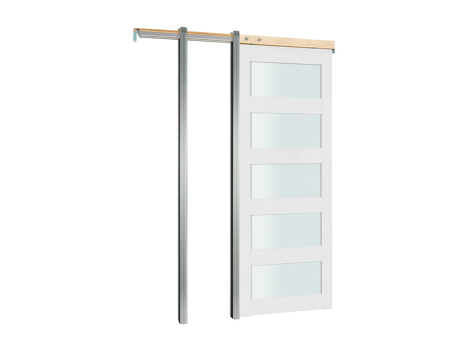 Porte Coulissante Escamotable SucceBuy 203,5x91,5 cm, Simple Porte à Galandage avec 5 Panneaux en Verre Dépoli, Kit de Quincaillerie, Robuste en Bois Massif
