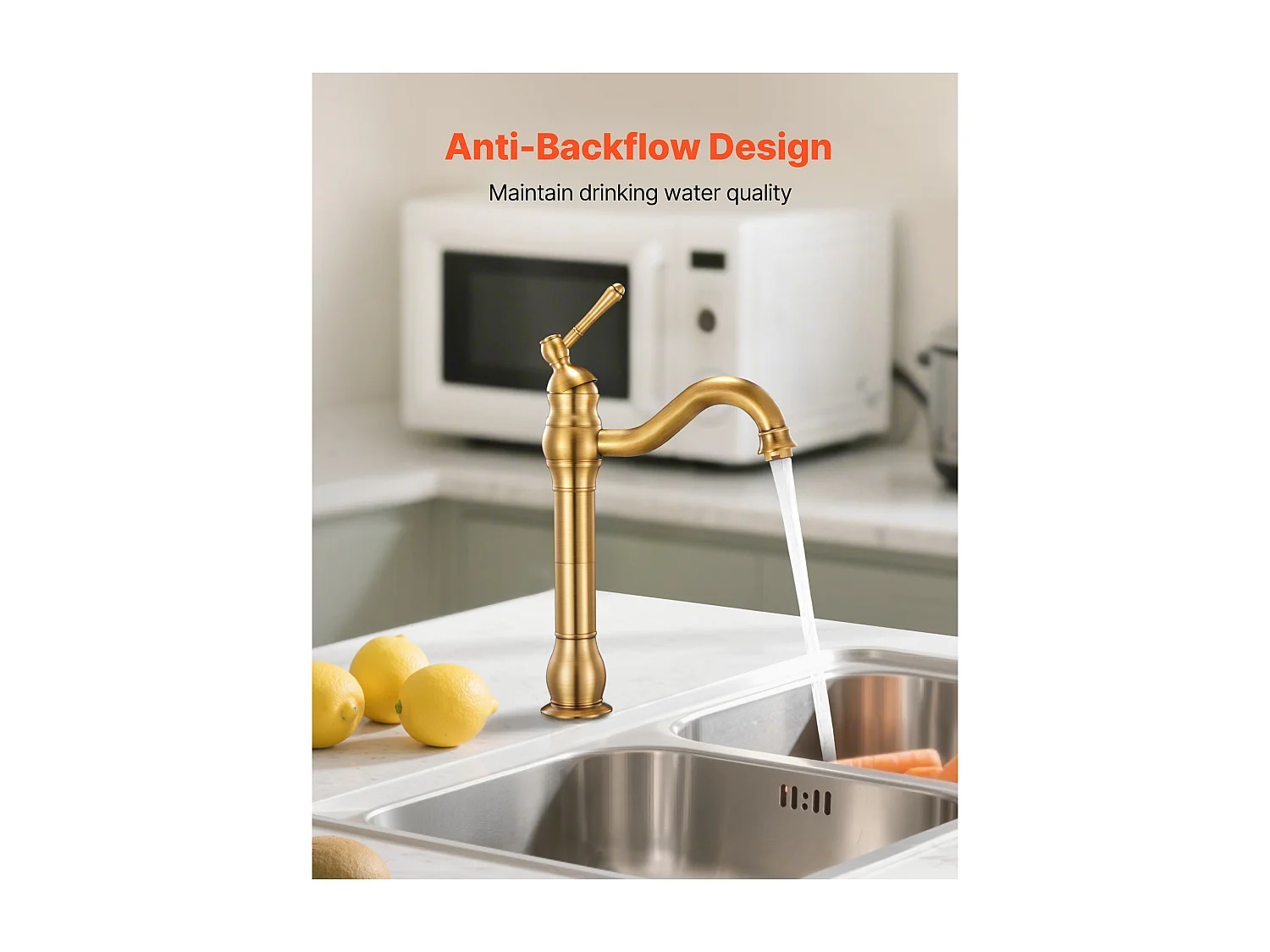 Gootsteen SucceBuy Kraan met Enkele Handgreep, Keuken Mengkraan in Massief Messing, 1 of 3 Gaten, Terugstroombeveiliging Ontwerp, met Drukknop Ontluchter