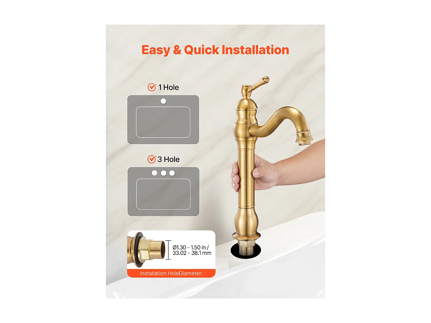 Gootsteen SucceBuy Kraan met Enkele Handgreep, Keuken Mengkraan in Massief Messing, 1 of 3 Gaten, Terugstroombeveiliging Ontwerp, met Drukknop Ontluchter