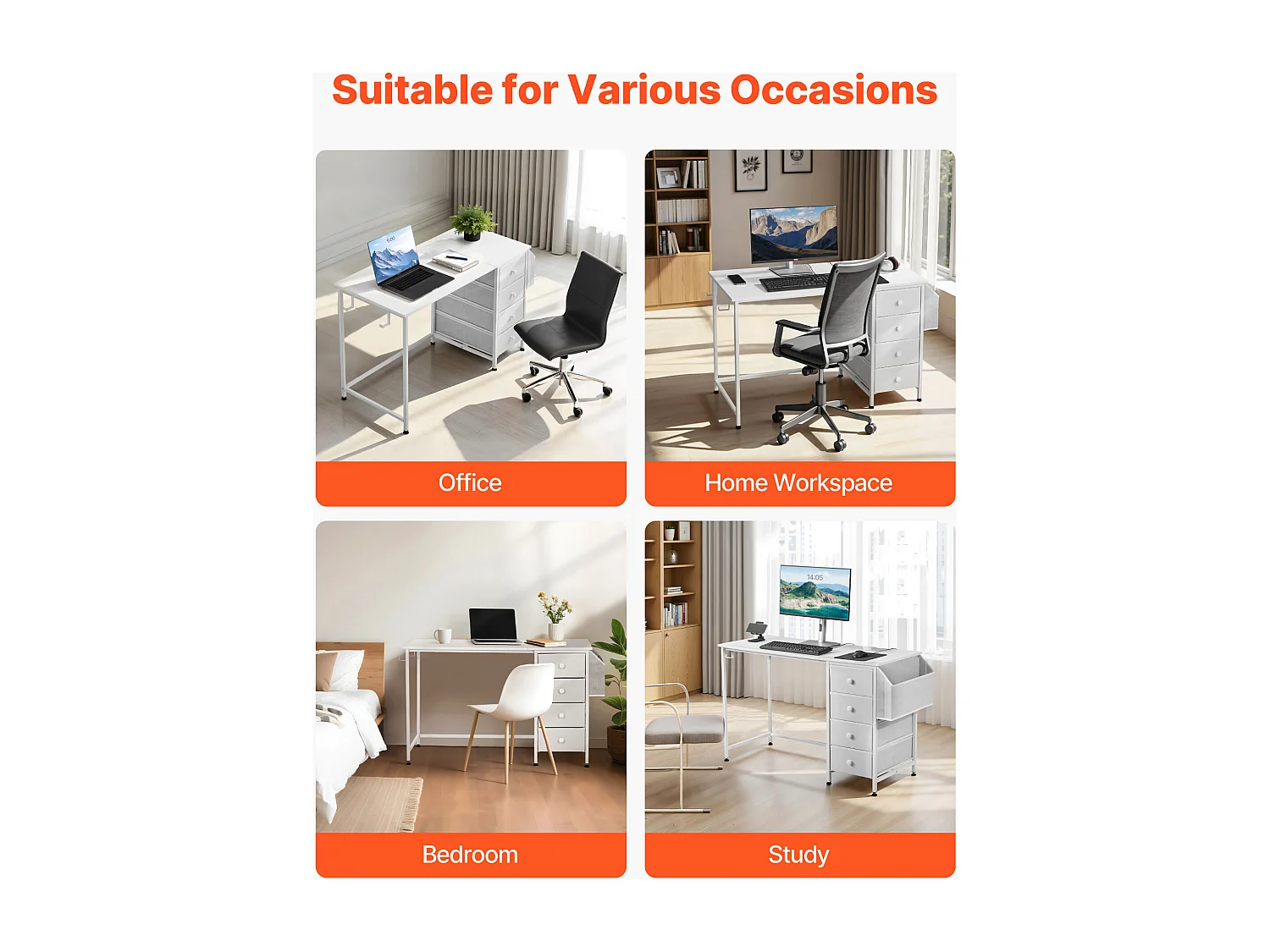 Computerbureau SucceBuy, 120 x 50 x 76 cm, Bureau voor Computer Omkeerbaar met 4 Grote Lades van Stof en 2 Zijhaaken, voor Kantoor Thuis, Wit