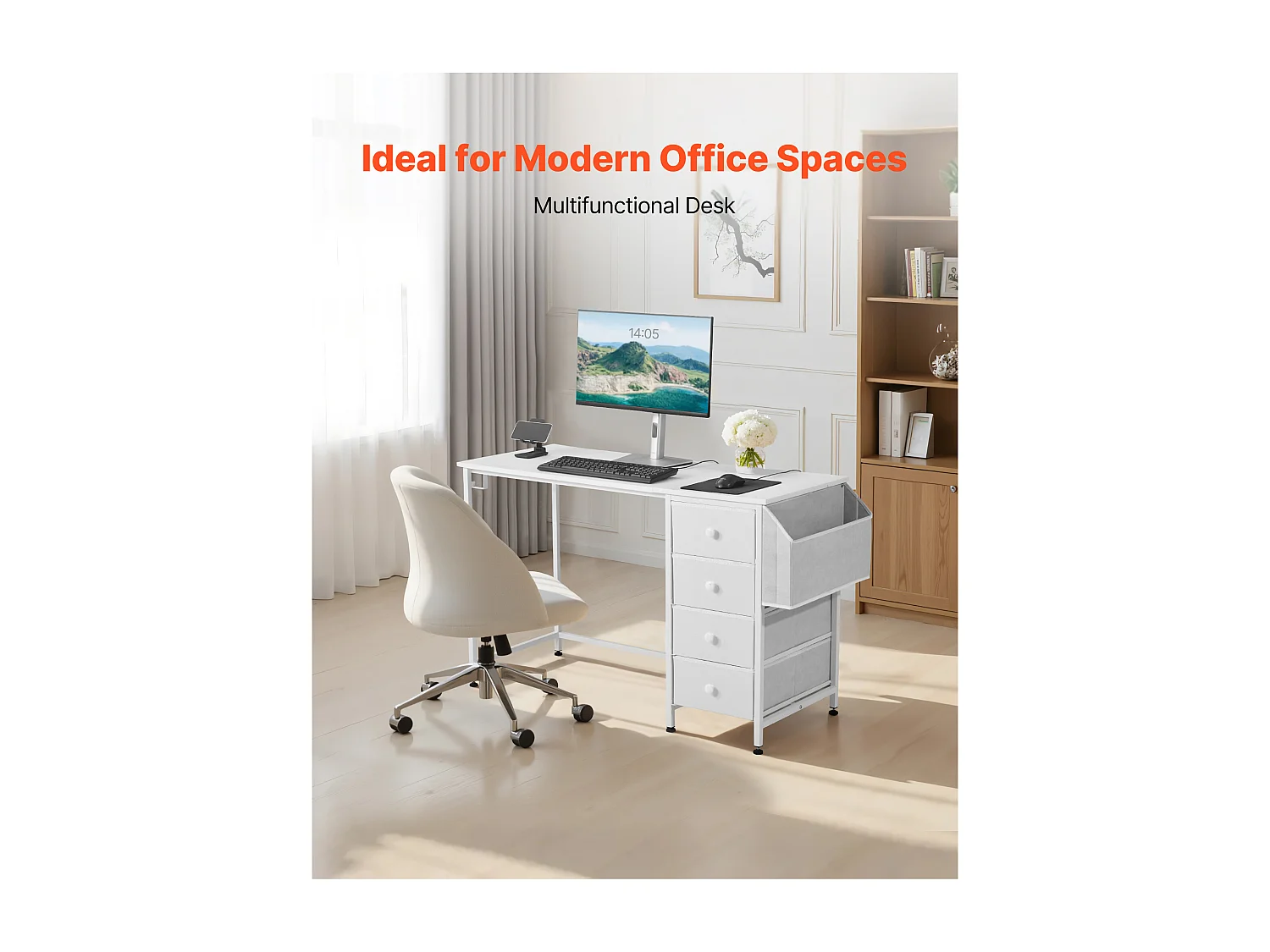 Computerbureau SucceBuy, 120 x 50 x 76 cm, Bureau voor Computer Omkeerbaar met 4 Grote Lades van Stof en 2 Zijhaaken, voor Kantoor Thuis, Wit