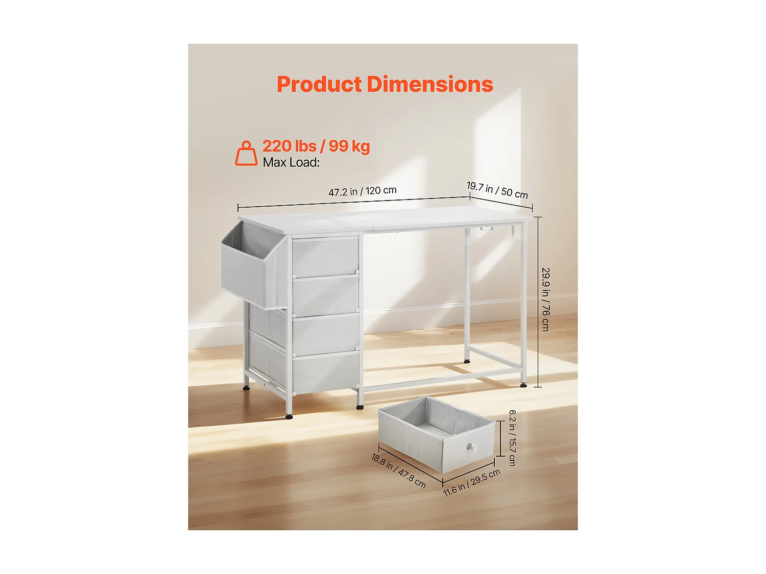 Computerbureau SucceBuy, 120 x 50 x 76 cm, Bureau voor Computer Omkeerbaar met 4 Grote Lades van Stof en 2 Zijhaaken, voor Kantoor Thuis, Wit