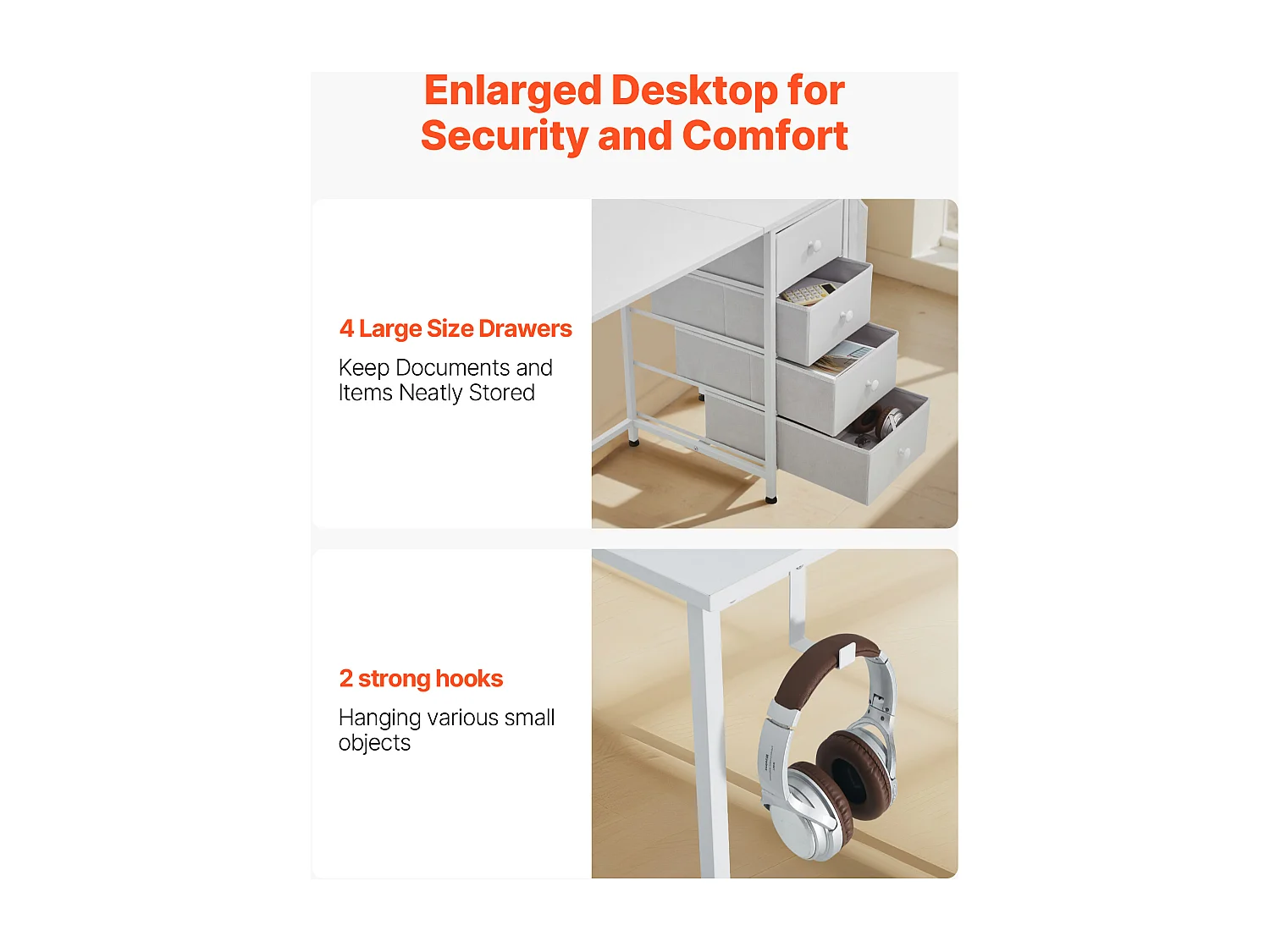 Computerbureau SucceBuy, 120 x 50 x 76 cm, Bureau voor Computer Omkeerbaar met 4 Grote Lades van Stof en 2 Zijhaaken, voor Kantoor Thuis, Wit