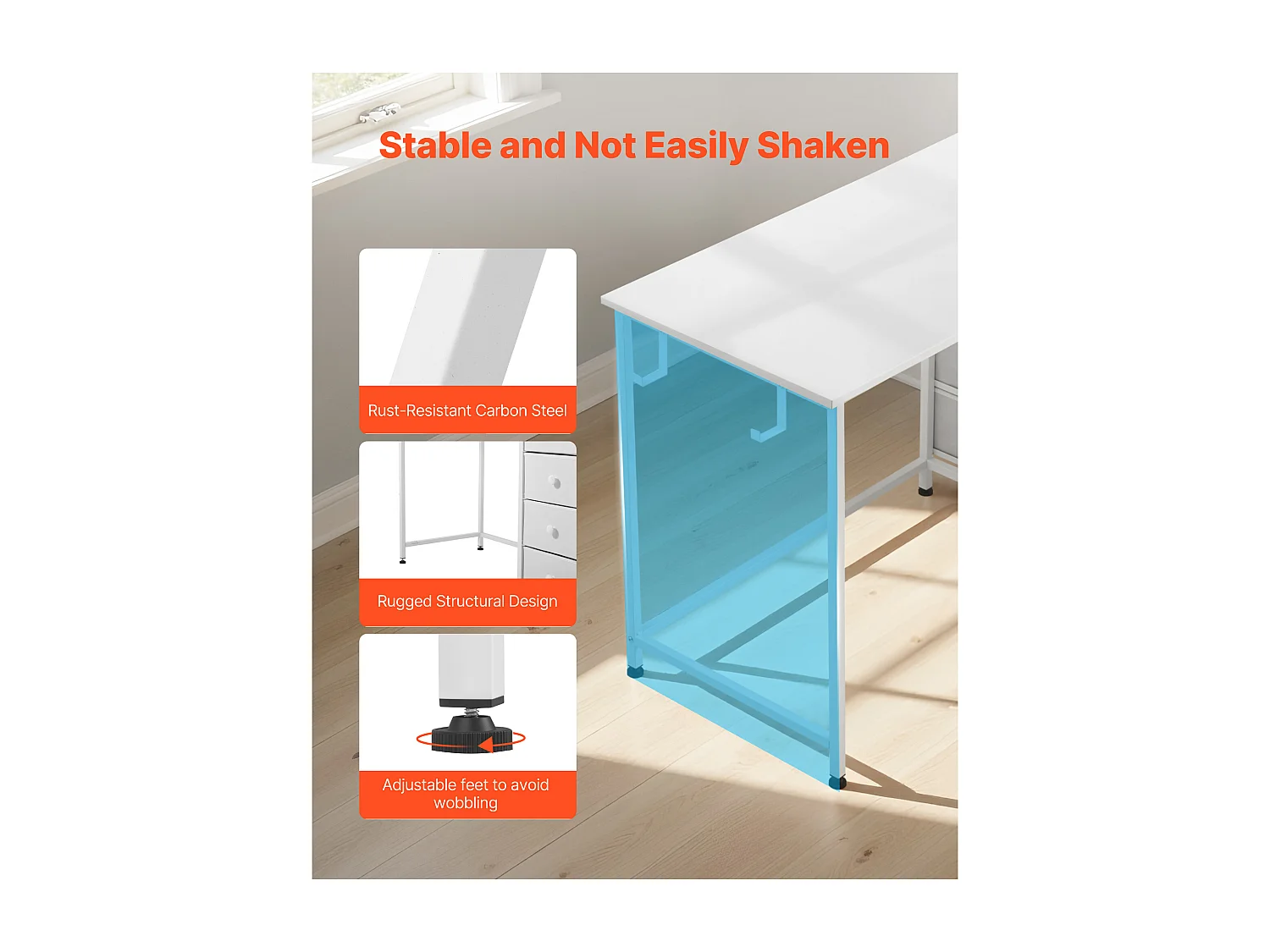 Computerbureau SucceBuy, 120 x 50 x 76 cm, Bureau voor Computer Omkeerbaar met 4 Grote Lades van Stof en 2 Zijhaaken, voor Kantoor Thuis, Wit