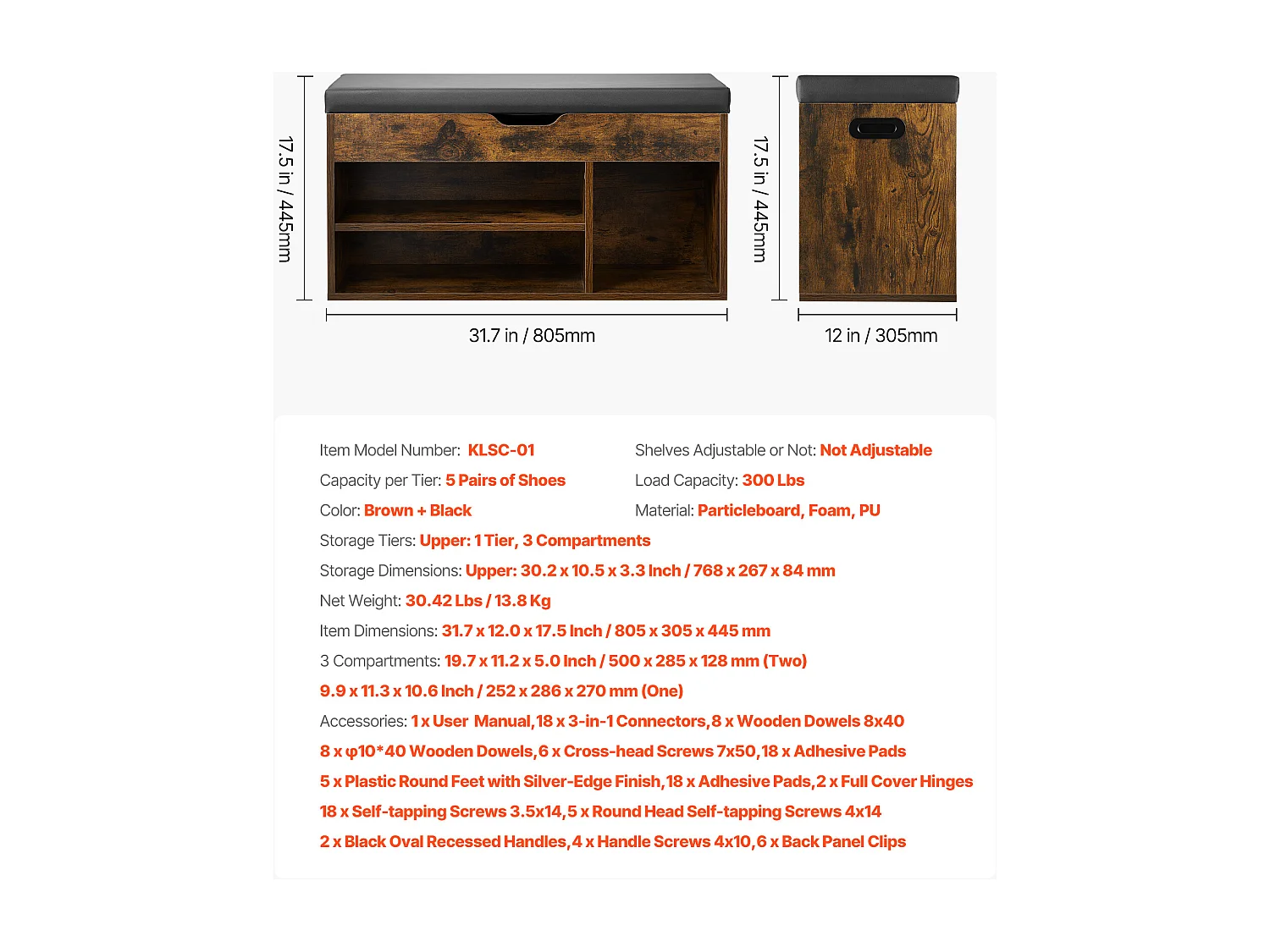 Banc à Chaussures SucceBuy d'Entrée, 80.5x30.5x44.5 cm, Banc de Rangement, Charge 136 kg, Rangement à Chaussures avec Plateau Relevable, Marron et Noir