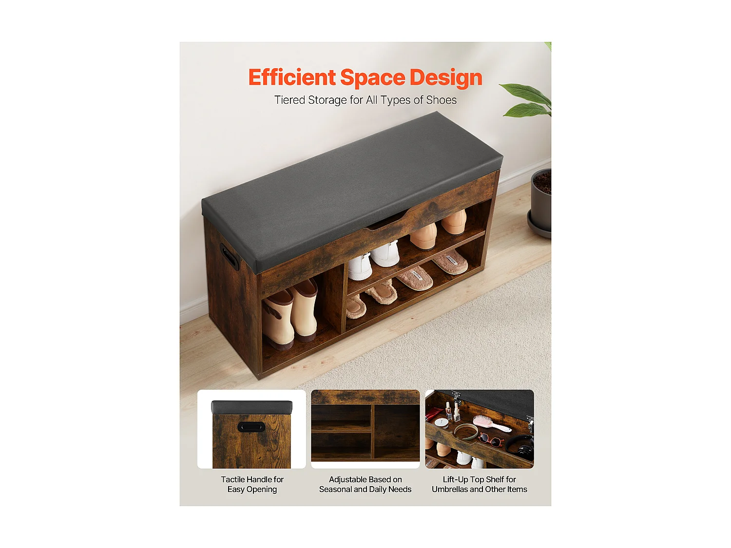 Banc à Chaussures SucceBuy d'Entrée, 80.5x30.5x44.5 cm, Banc de Rangement, Charge 136 kg, Rangement à Chaussures avec Plateau Relevable, Marron et Noir