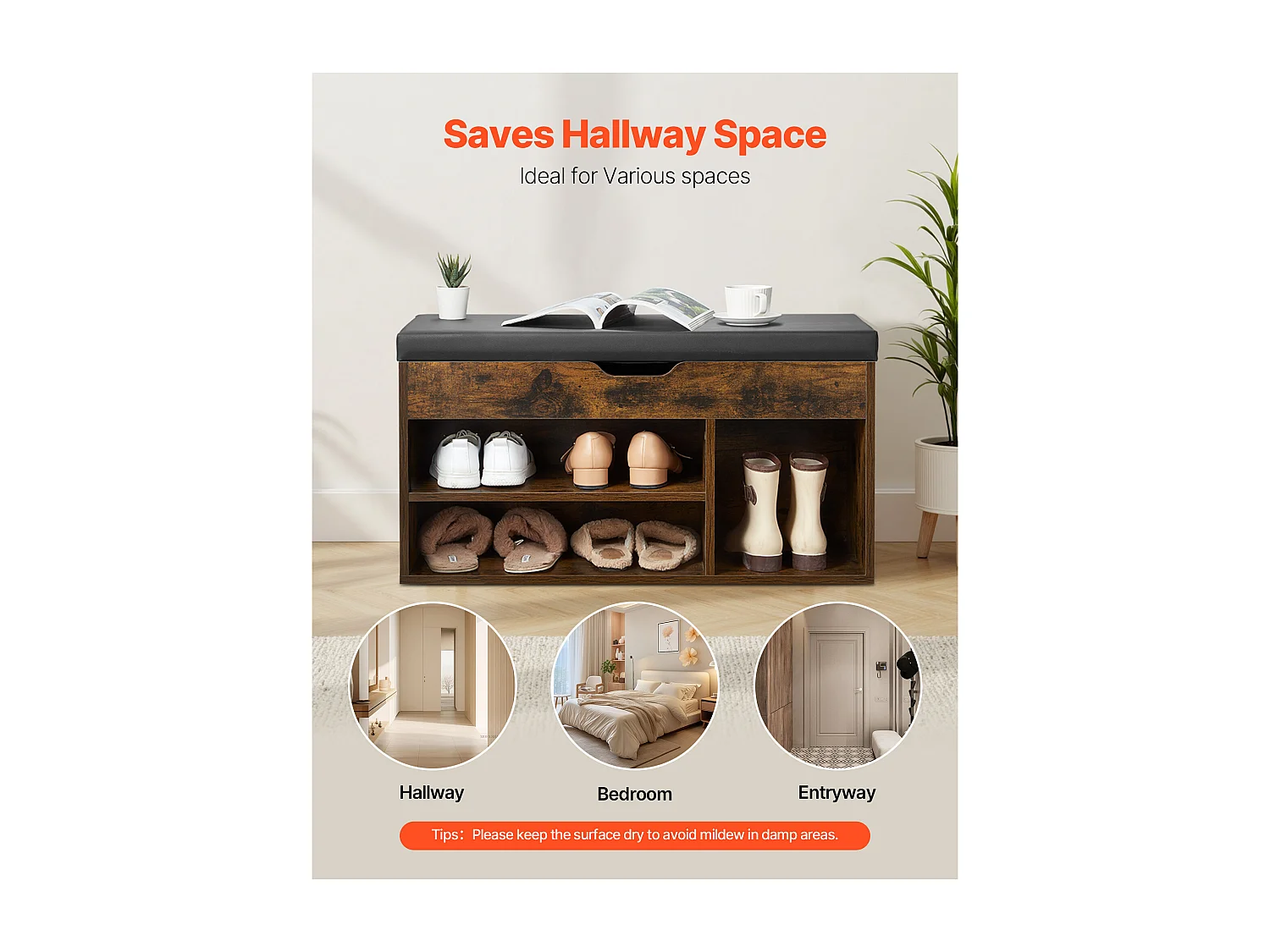 Banc à Chaussures SucceBuy d'Entrée, 80.5x30.5x44.5 cm, Banc de Rangement, Charge 136 kg, Rangement à Chaussures avec Plateau Relevable, Marron et Noir