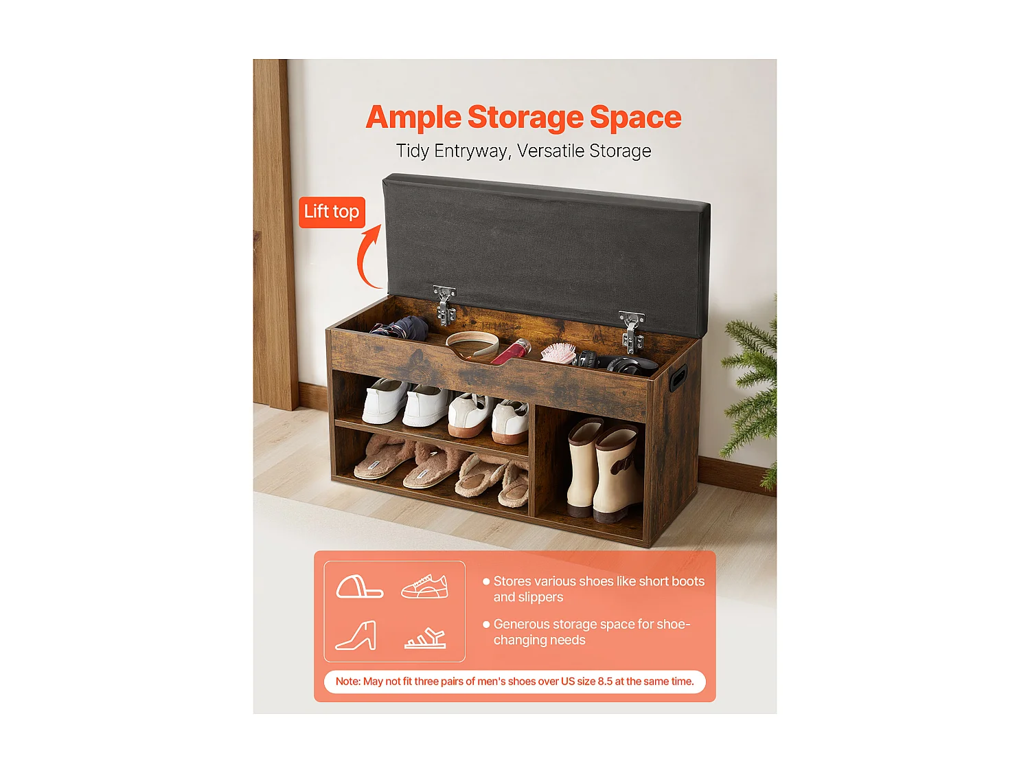 Banc à Chaussures SucceBuy d'Entrée, 80.5x30.5x44.5 cm, Banc de Rangement, Charge 136 kg, Rangement à Chaussures avec Plateau Relevable, Marron et Noir