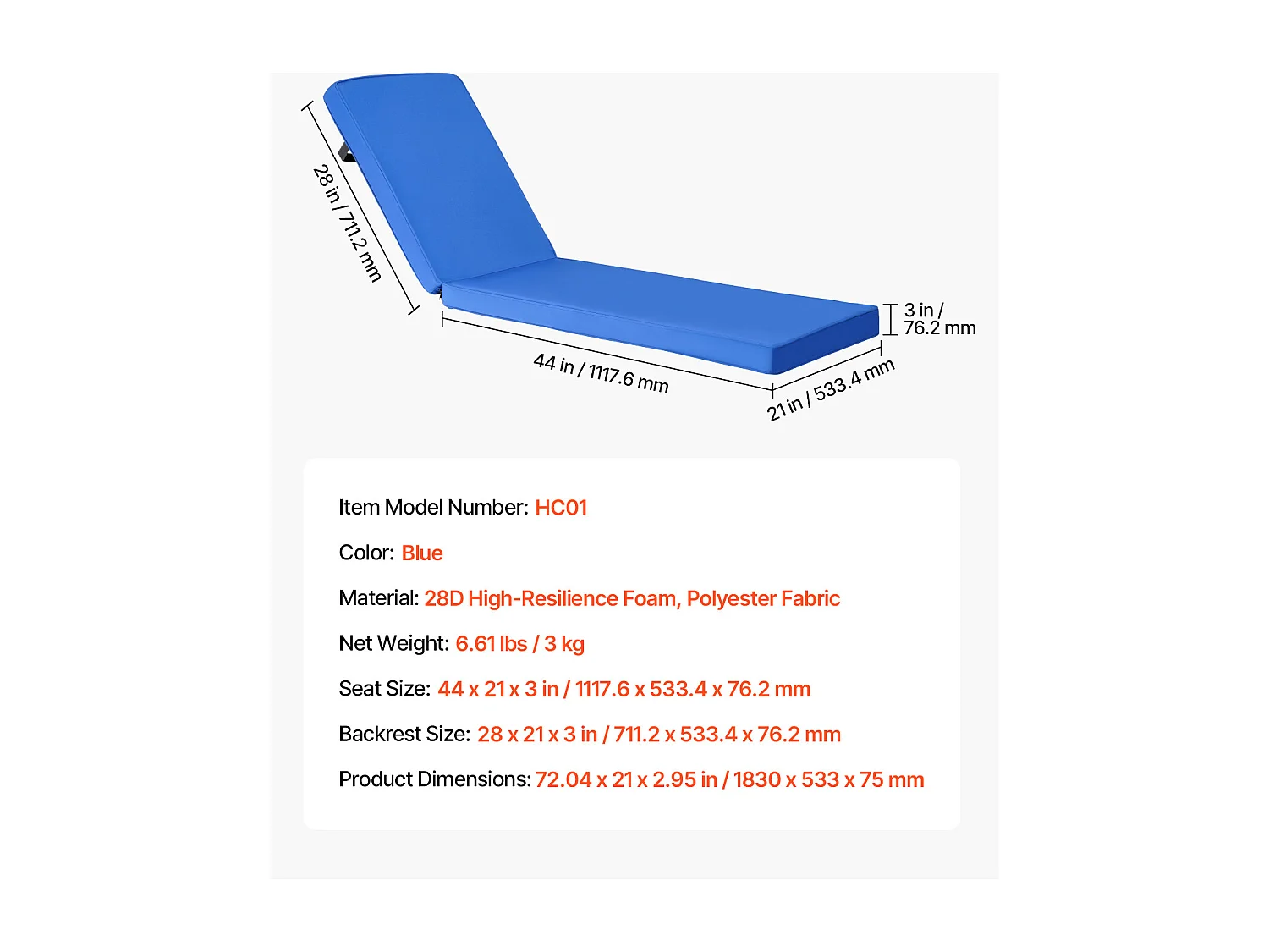Liegestuhl-Kissen SucceBuy, 183x53,3 cm, Garten-Liegestuhl-Kissen, Wasserdicht und Dick, Beständig gegen Verblassen, mit Befestigungsbändern, Blau