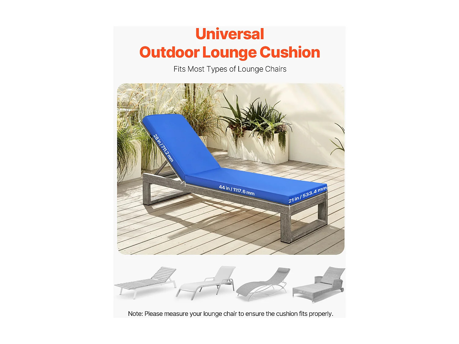 Coussin de Bain de Soleil SucceBuy, 183x53,3 cm, Coussin de Chaise Longue de Jardin, Imperméable et Épais, Résistant à la Décoloration, avec Attaches, Bleu