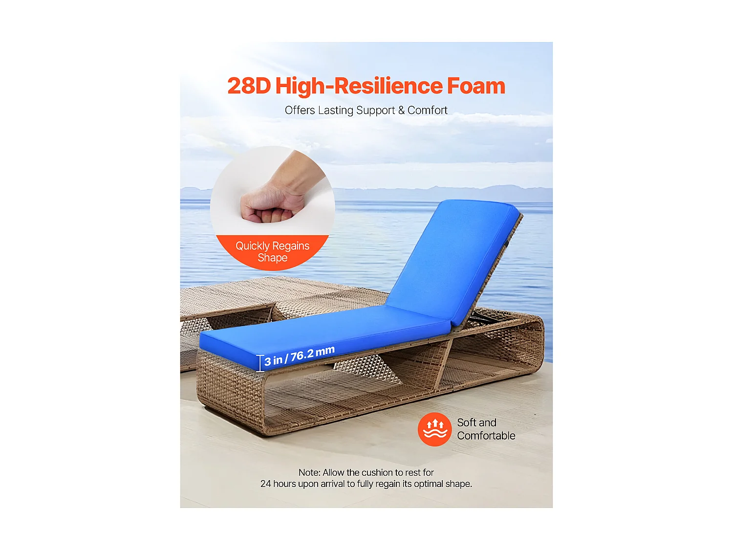 Coussin de Bain de Soleil SucceBuy, 183x53,3 cm, Coussin de Chaise Longue de Jardin, Imperméable et Épais, Résistant à la Décoloration, avec Attaches, Bleu