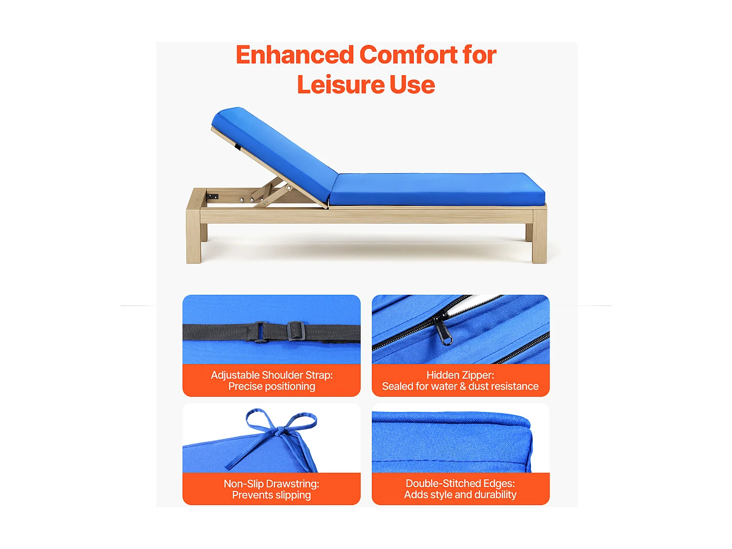 Coussin de Bain de Soleil SucceBuy, 183x53,3 cm, Coussin de Chaise Longue de Jardin, Imperméable et Épais, Résistant à la Décoloration, avec Attaches, Bleu