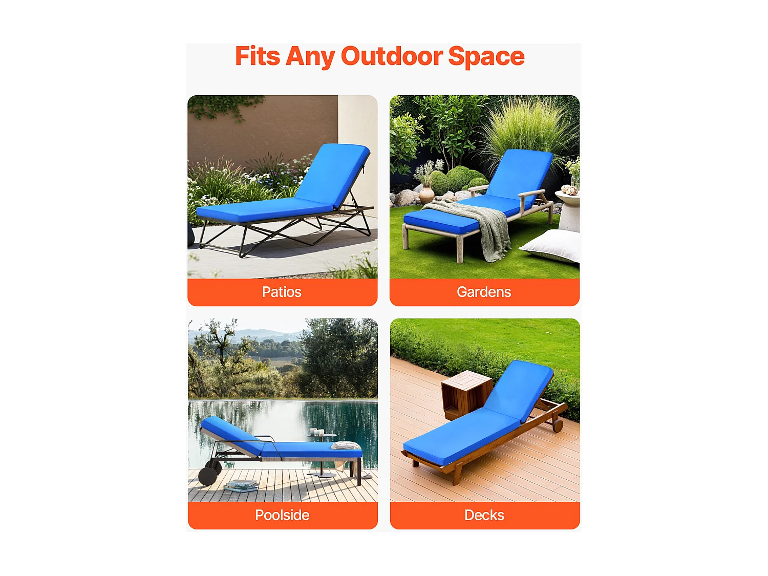 Coussin de Bain de Soleil SucceBuy, 183x53,3 cm, Coussin de Chaise Longue de Jardin, Imperméable et Épais, Résistant à la Décoloration, avec Attaches, Bleu