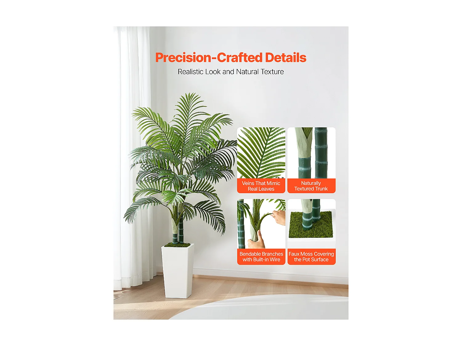 Palmier Artificiel Areca SucceBuy, 1,5 m, Plante Artificielle Tropicale en Pot Blanc, Faux Arbre Tropical Palmier Areca Tronc Épais, Fausse Plante pour Bureau