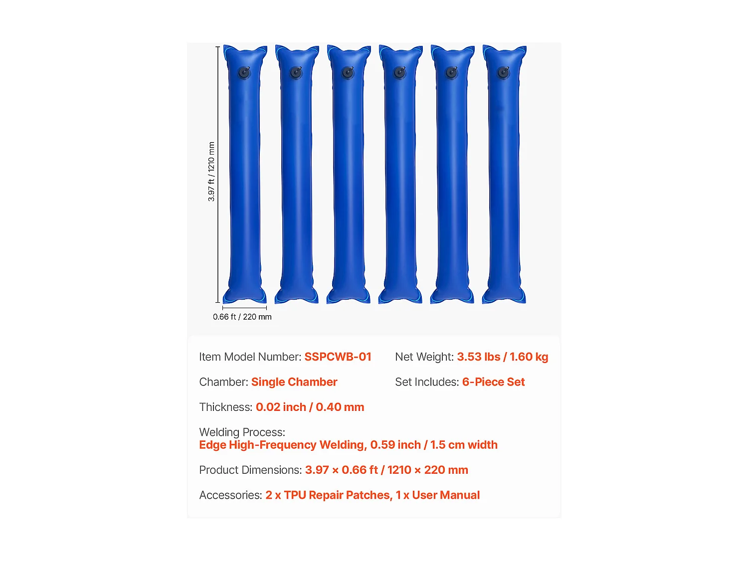 Saco de Agua SucceBuy para Lona de Piscina, Lote de 6, Saco de Lastrado de Agua de Cámara Simple, 1,2 m, Sacos en Tubo Lastrados PVC Espesor 0,4 mm