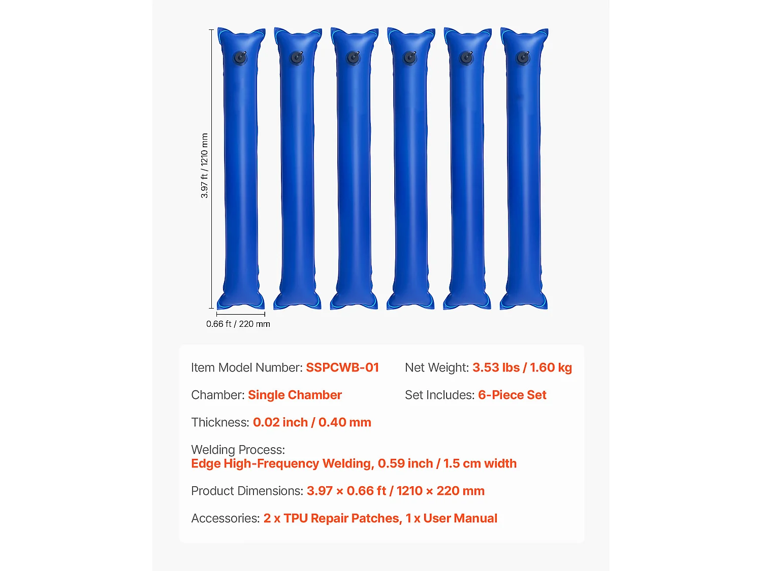 Sac à Eau SucceBuy pour Bâche de Piscine, Lot de 6, Sac de Lestage à Eau Chambre Simple, 1,2 m, Sacs en Tube Lestés PVC Épaisseur 0,4 mm, avec Bouchon Étanche