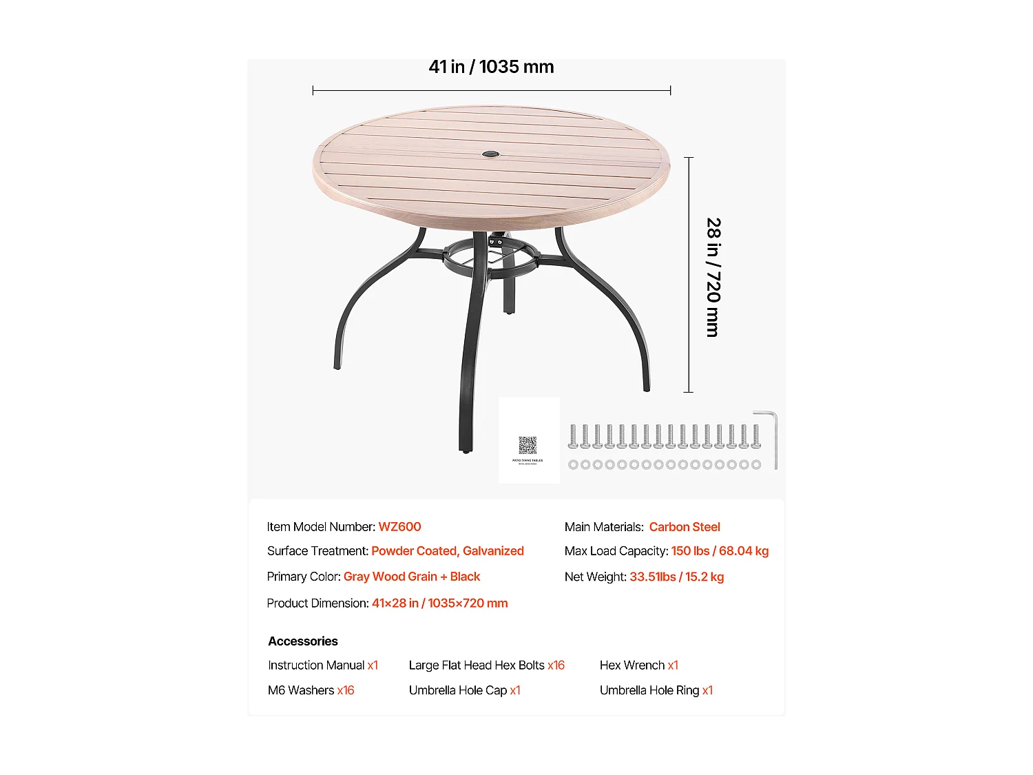 Table à Manger SucceBuy pour Patio Extérieur 103.5cm, Table de Bistrot Ronde en Acier Imitation Bois pour 4 Personnes, Trou pour Parasol de 3.8 cm, Gris