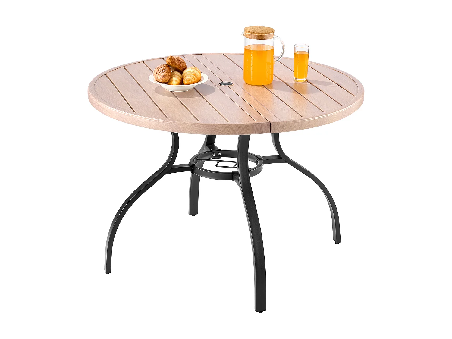 Table à Manger SucceBuy pour Patio Extérieur 103.5cm, Table de Bistrot Ronde en Acier Imitation Bois pour 4 Personnes, Trou pour Parasol de 3.8 cm, Gris