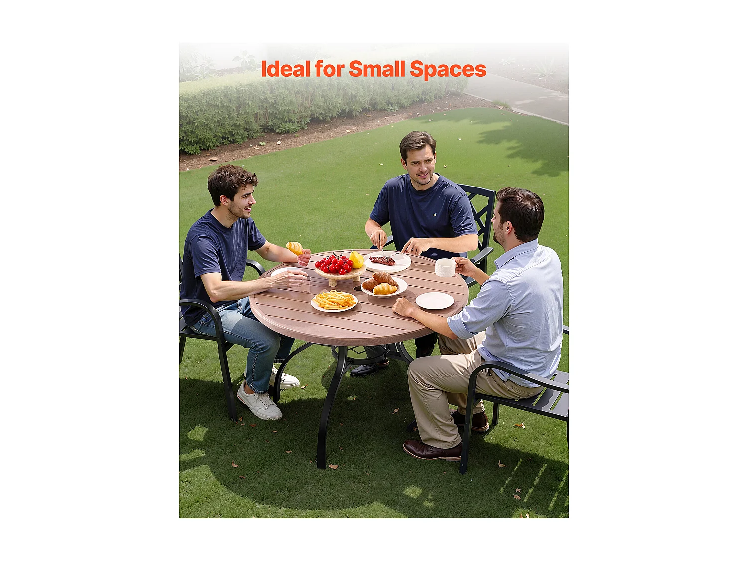 Table à Manger SucceBuy pour Patio Extérieur 103.5cm, Table de Bistrot Ronde en Acier Imitation Bois pour 4 Personnes, Trou pour Parasol de 3.8 cm, Gris