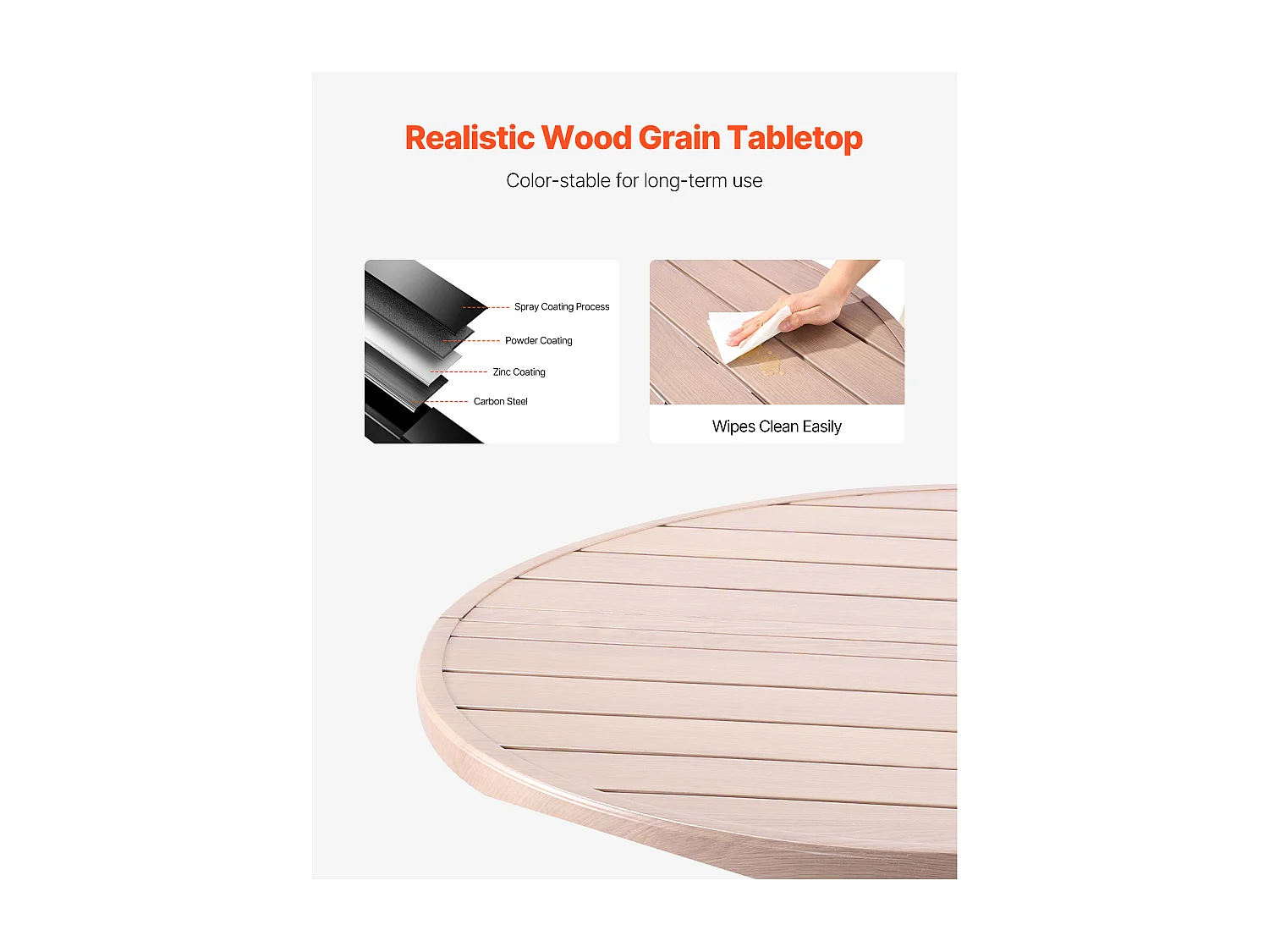 Table à Manger SucceBuy pour Patio Extérieur 103.5cm, Table de Bistrot Ronde en Acier Imitation Bois pour 4 Personnes, Trou pour Parasol de 3.8 cm, Gris