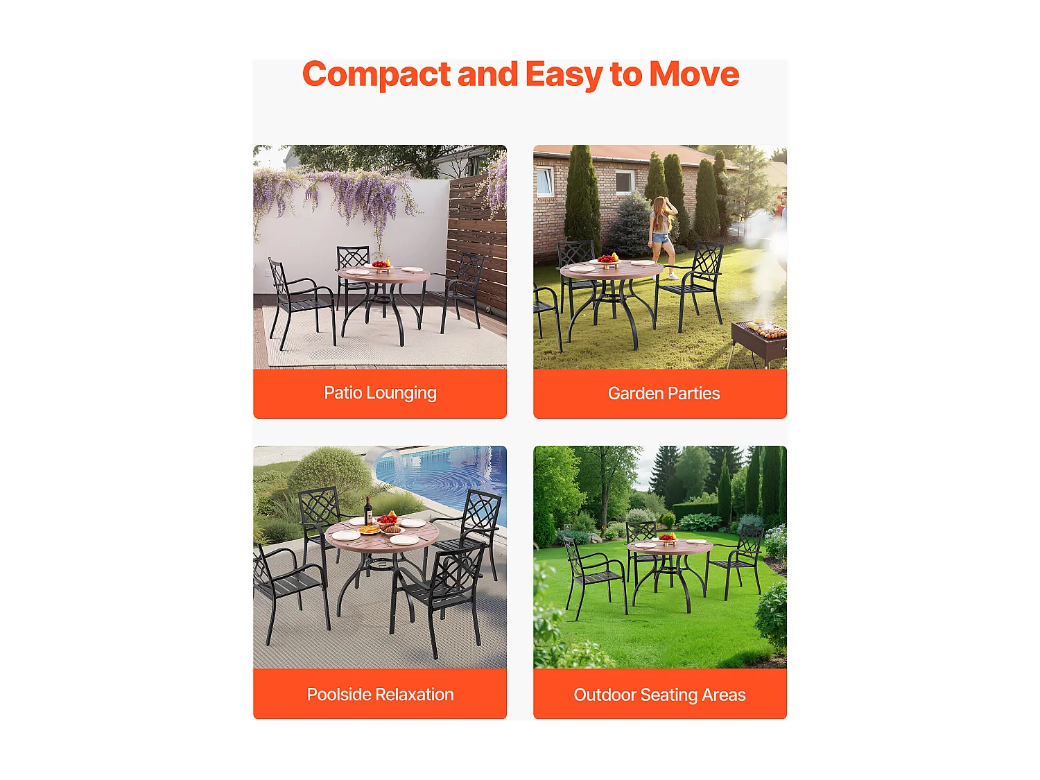 Table à Manger SucceBuy pour Patio Extérieur 103.5cm, Table de Bistrot Ronde en Acier Imitation Bois pour 4 Personnes, Trou pour Parasol de 3.8 cm, Gris