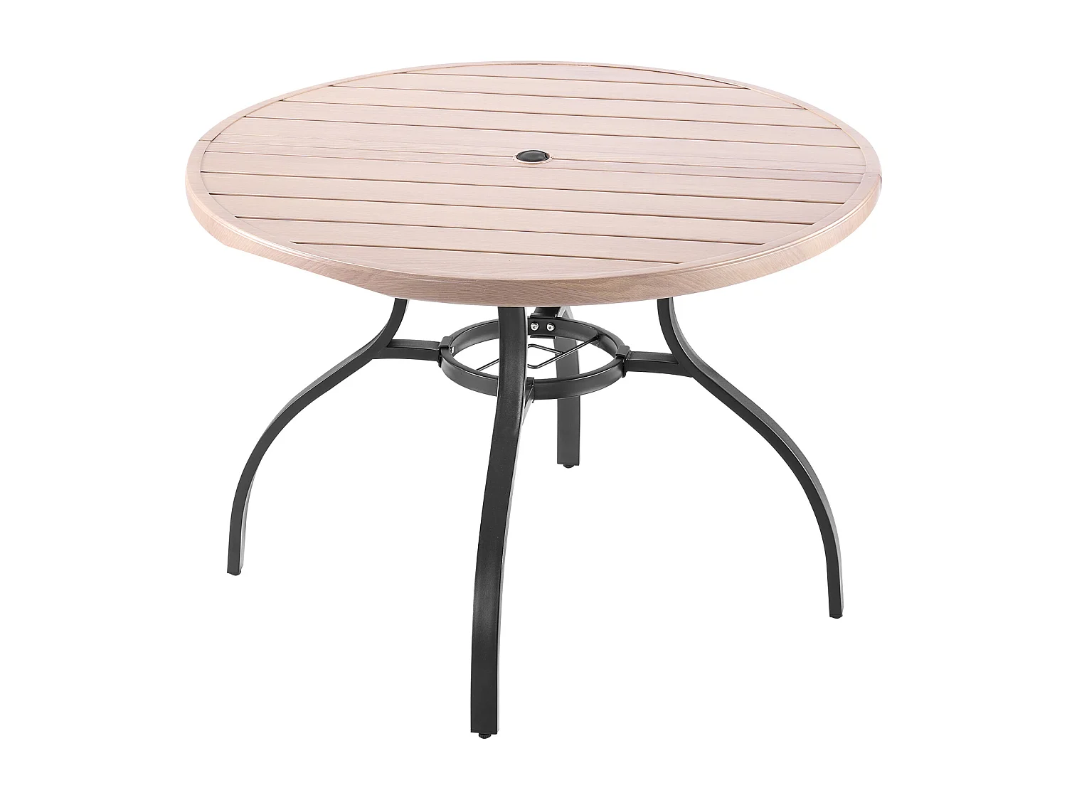 Table à Manger SucceBuy pour Patio Extérieur 103.5cm, Table de Bistrot Ronde en Acier Imitation Bois pour 4 Personnes, Trou pour Parasol de 3.8 cm, Gris