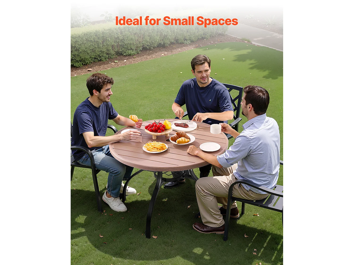 Table à Manger SucceBuy pour Patio Extérieur 103.5cm, Table de Bistrot Ronde en Acier Imitation Bois pour 4 Personnes, Trou pour Parasol de 3.8 cm, Gris
