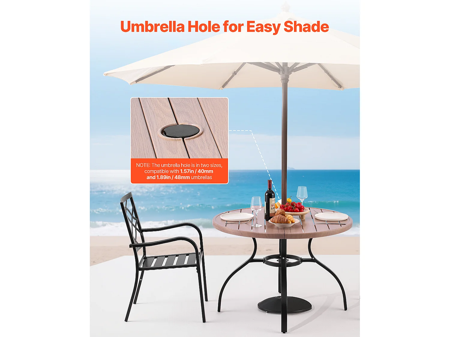 Table à Manger SucceBuy pour Patio Extérieur 103.5cm, Table de Bistrot Ronde en Acier Imitation Bois pour 4 Personnes, Trou pour Parasol de 3.8 cm, Gris