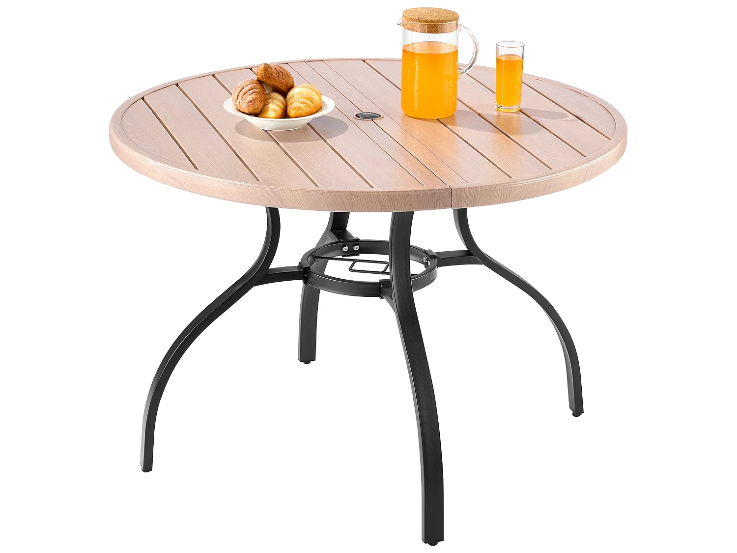 Table à Manger SucceBuy pour Patio Extérieur 103.5cm, Table de Bistrot Ronde en Acier Imitation Bois pour 4 Personnes, Trou pour Parasol de 3.8 cm, Gris