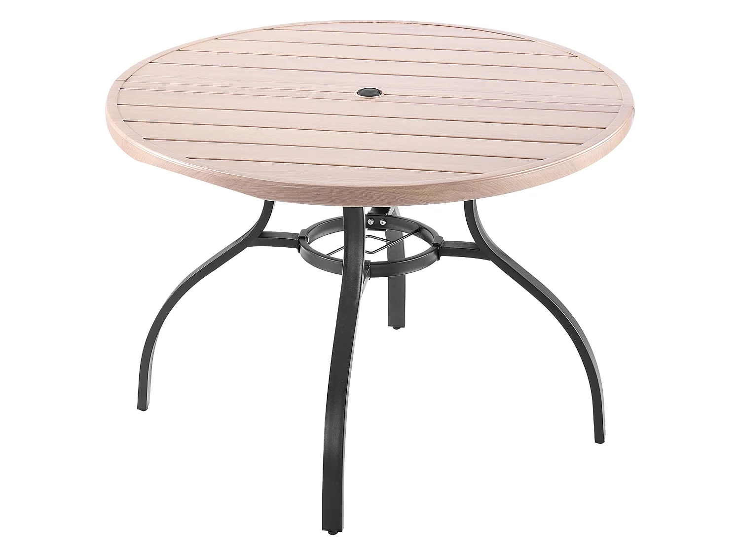 Table à Manger SucceBuy pour Patio Extérieur 103.5cm, Table de Bistrot Ronde en Acier Imitation Bois pour 4 Personnes, Trou pour Parasol de 3.8 cm, Gris