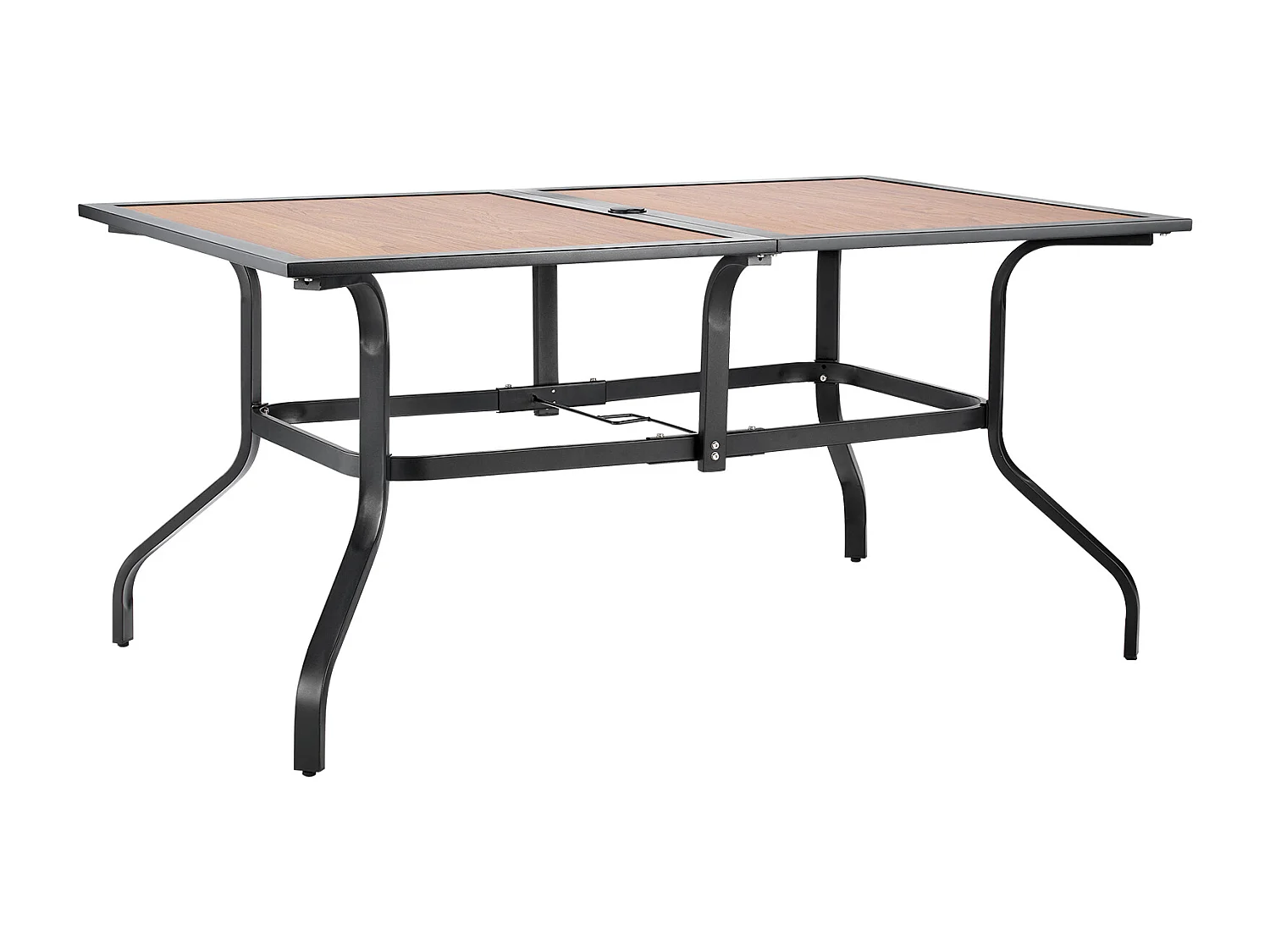 Table à Manger SucceBuy pour Patio Extérieur, 150.5 cm, Table de Bistro Rectangulaire en Acier Imitation Bois, avec Trou pour Parasol de 3.8 cm, Marron Et Noir