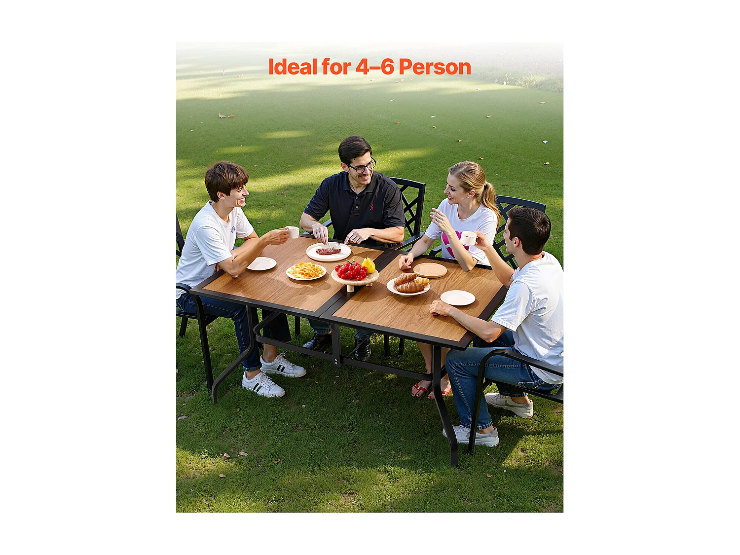 Table à Manger SucceBuy pour Patio Extérieur, 150.5 cm, Table de Bistro Rectangulaire en Acier Imitation Bois, avec Trou pour Parasol de 3.8 cm, Marron Et Noir