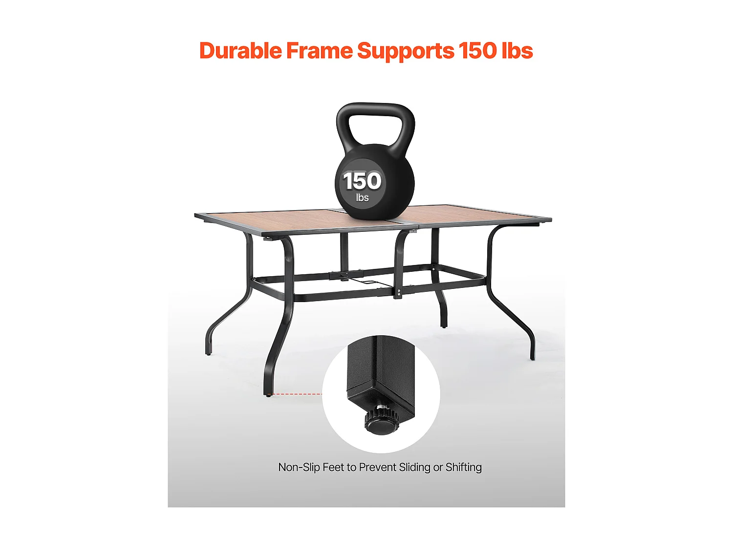 Table à Manger SucceBuy pour Patio Extérieur, 150.5 cm, Table de Bistro Rectangulaire en Acier Imitation Bois, avec Trou pour Parasol de 3.8 cm, Marron Et Noir