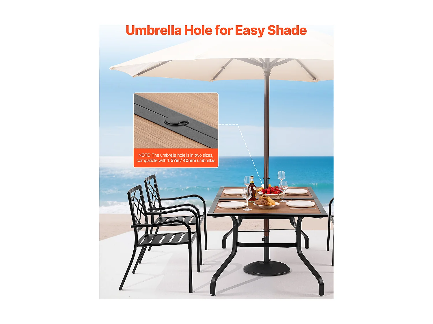 Table à Manger SucceBuy pour Patio Extérieur, 150.5 cm, Table de Bistro Rectangulaire en Acier Imitation Bois, avec Trou pour Parasol de 3.8 cm, Marron Et Noir