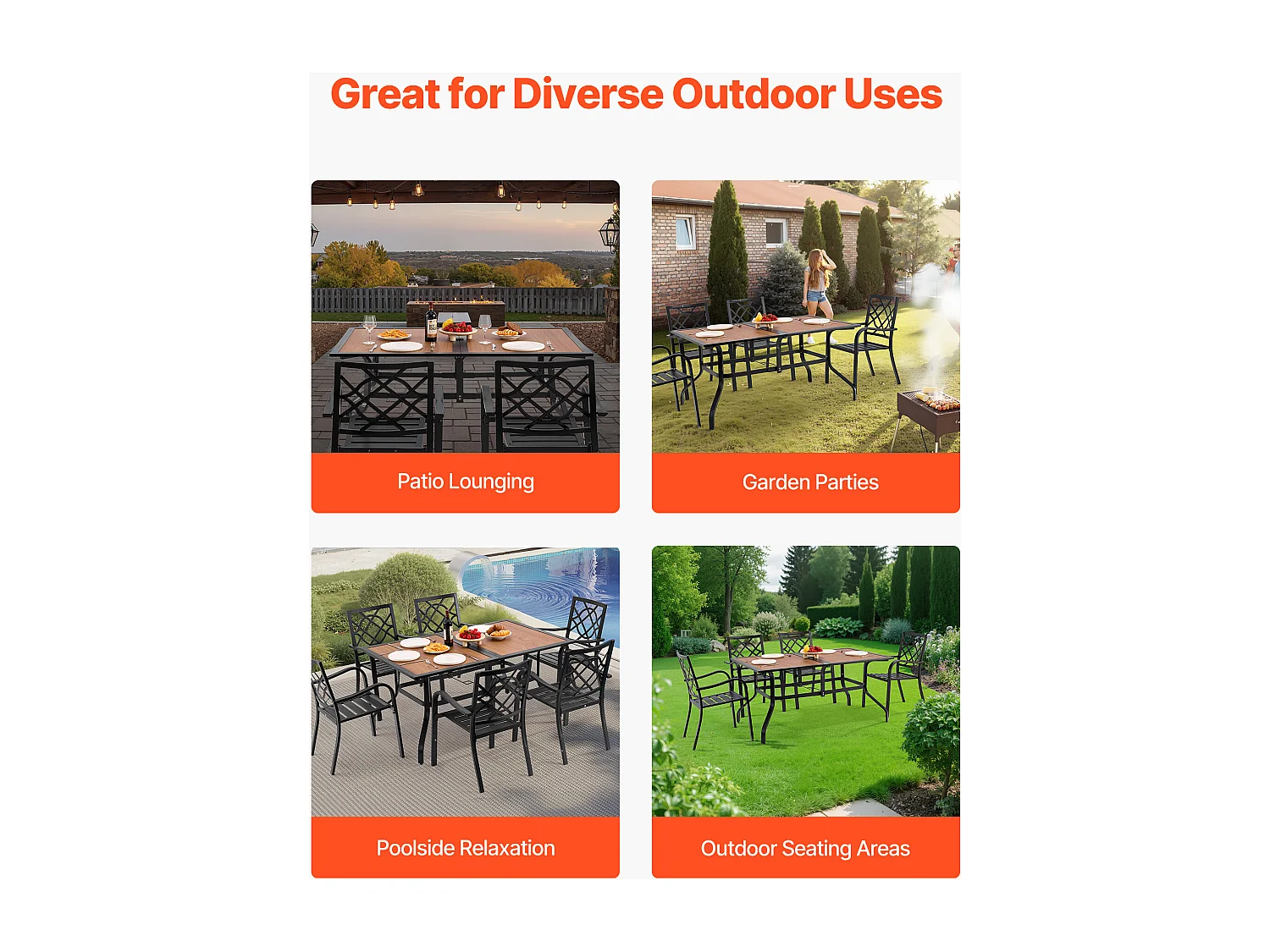 Table à Manger SucceBuy pour Patio Extérieur, 150.5 cm, Table de Bistro Rectangulaire en Acier Imitation Bois, avec Trou pour Parasol de 3.8 cm, Marron Et Noir