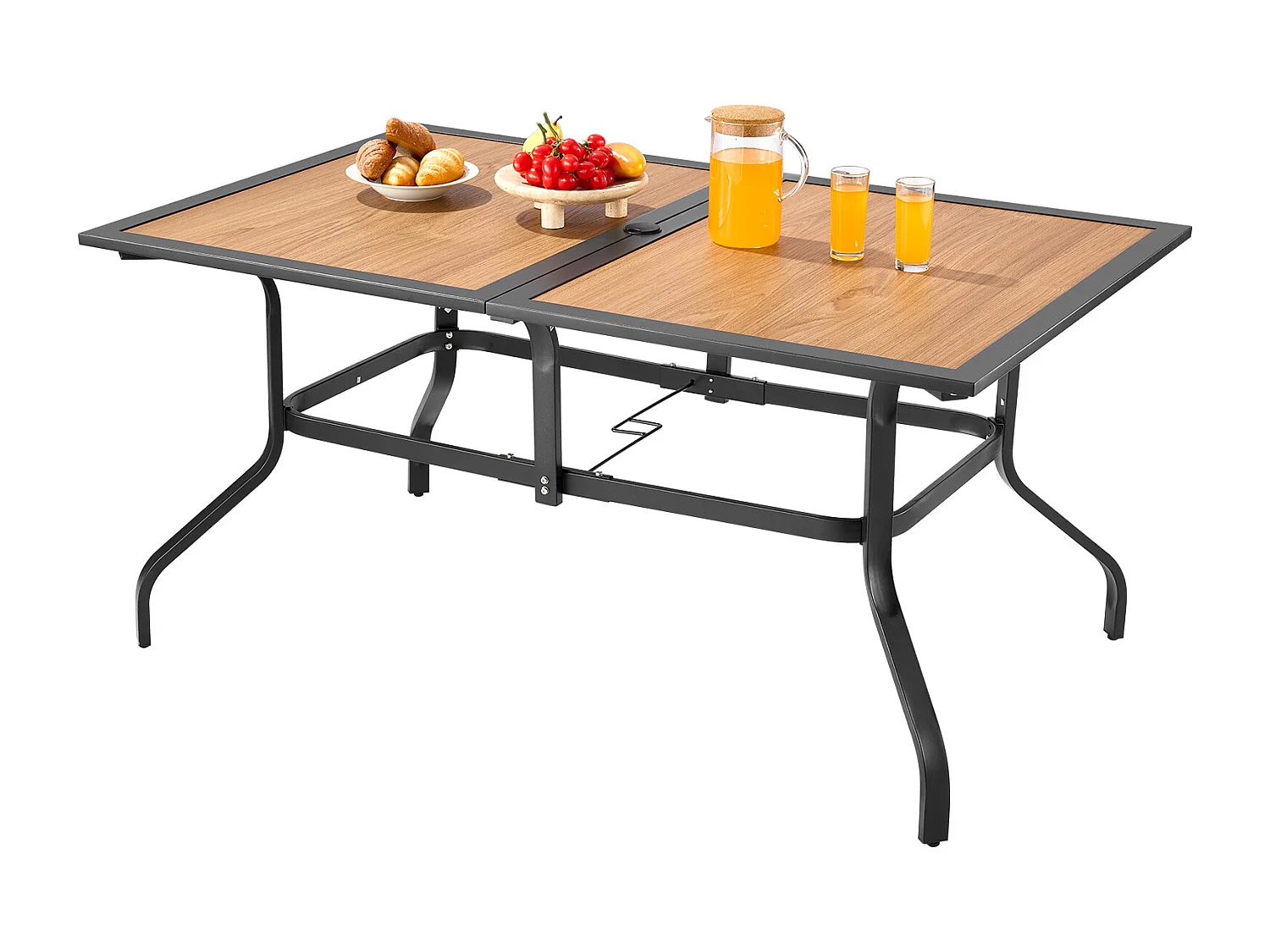 Table à Manger SucceBuy pour Patio Extérieur, 150.5 cm, Table de Bistro Rectangulaire en Acier Imitation Bois, avec Trou pour Parasol de 3.8 cm, Marron Et Noir