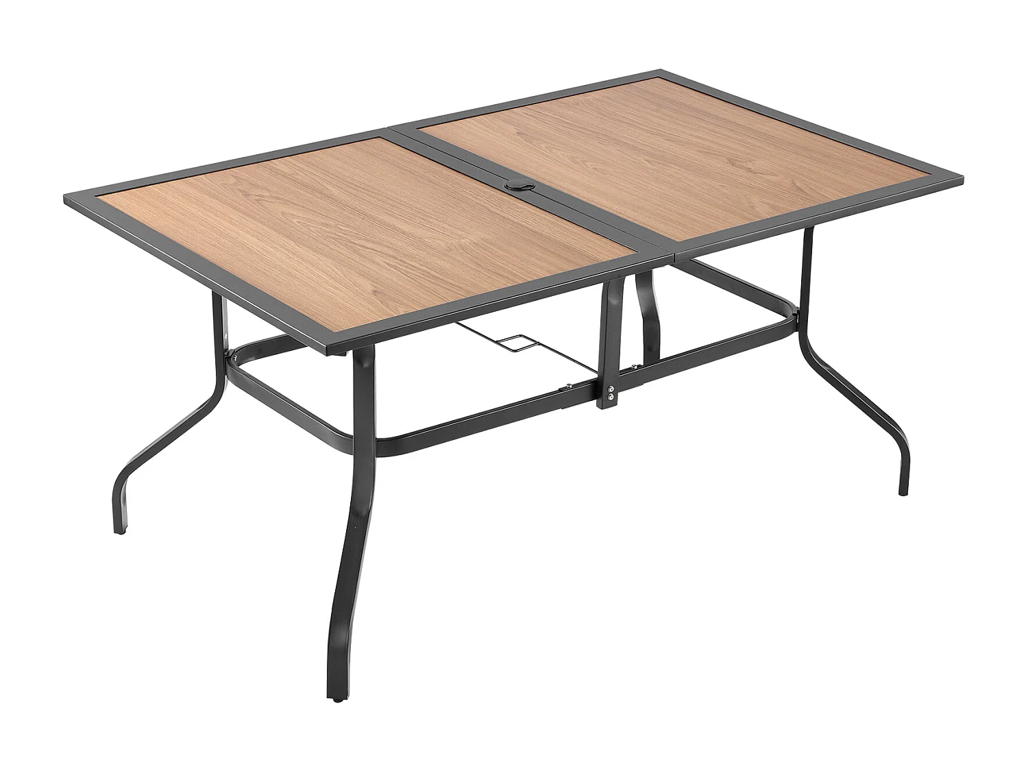 Table à Manger SucceBuy pour Patio Extérieur, 150.5 cm, Table de Bistro Rectangulaire en Acier Imitation Bois, avec Trou pour Parasol de 3.8 cm, Marron Et Noir