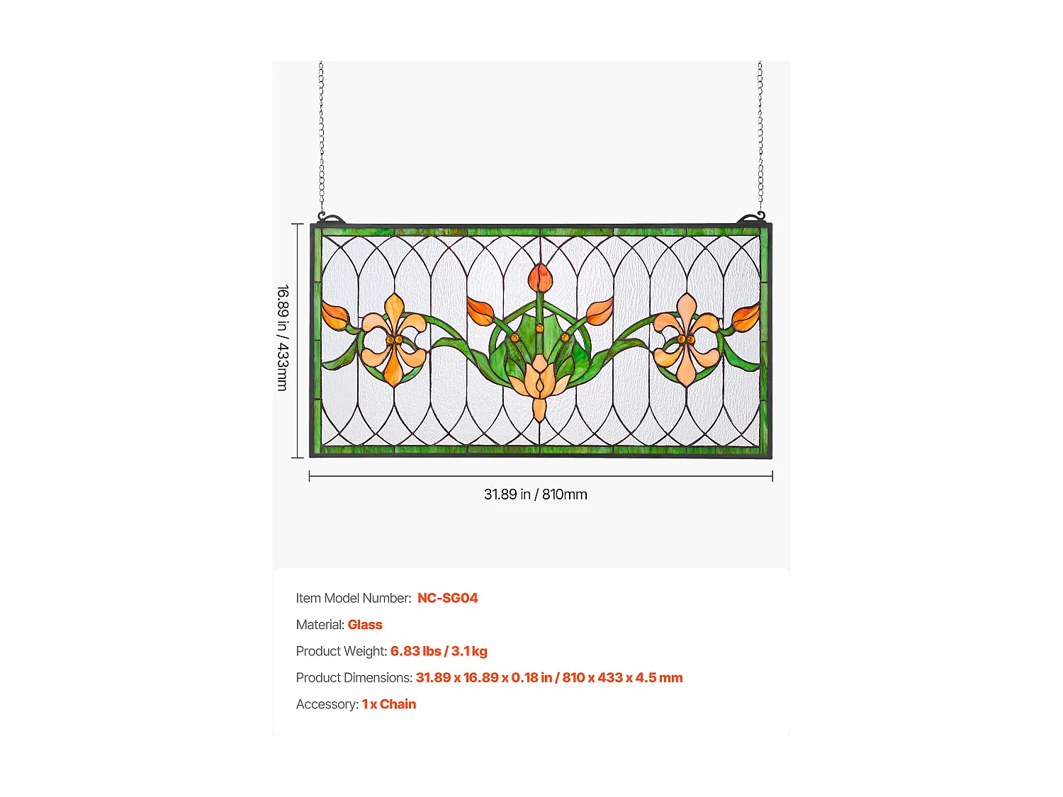 Atrapasol Vitral SucceBuy 81 x 43,3 cm, Vitral Colgante con Cadena, Estilo Tiffany, Rectángulo Horizontal, Artesanía Tradicional Vintage para Decoración