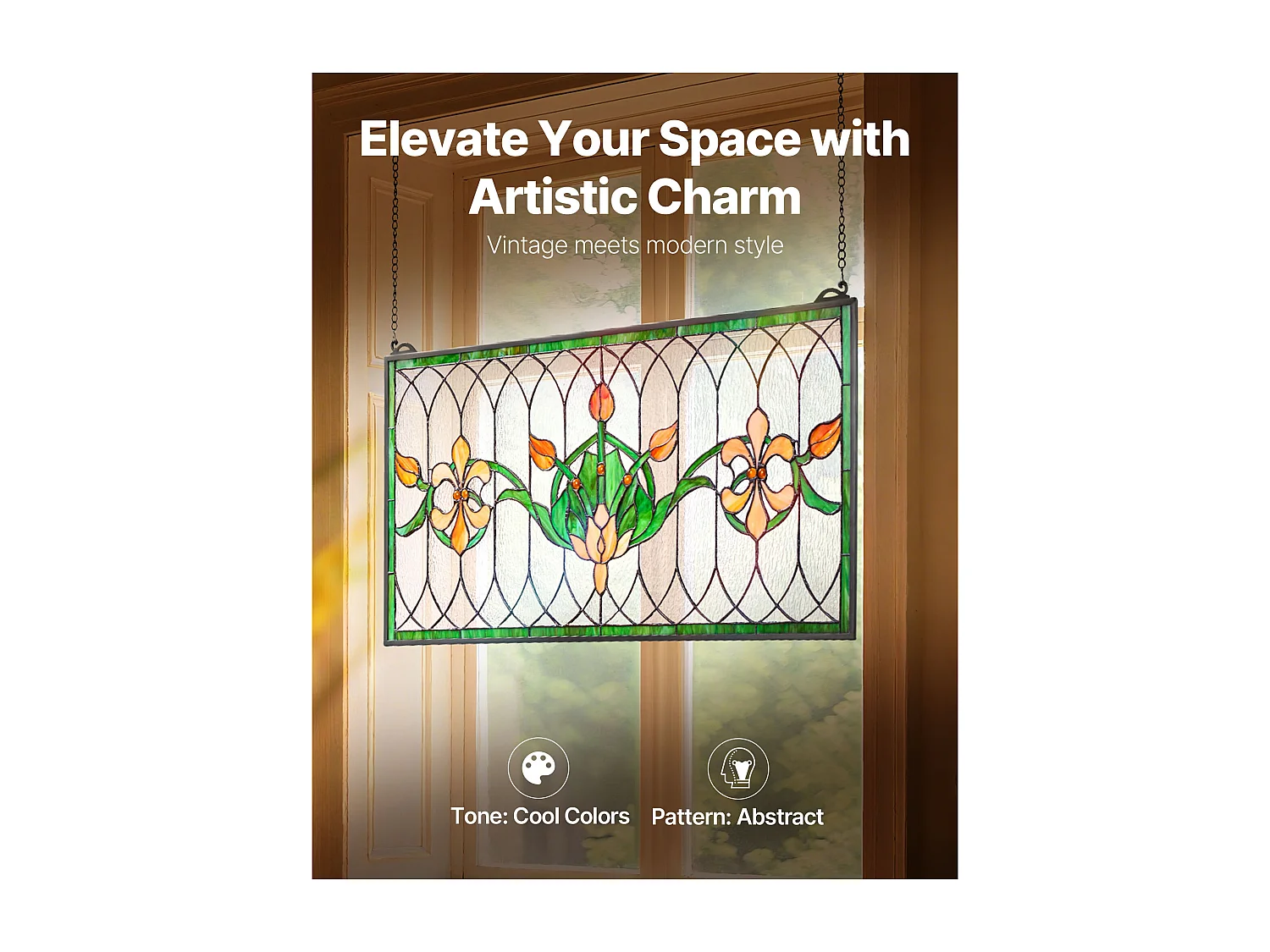 Atrapasol Vitral SucceBuy 81 x 43,3 cm, Vitral Colgante con Cadena, Estilo Tiffany, Rectángulo Horizontal, Artesanía Tradicional Vintage para Decoración