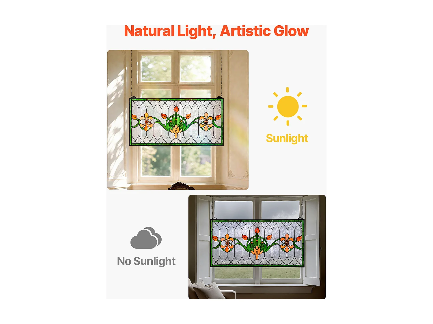 Atrapasol Vitral SucceBuy 81 x 43,3 cm, Vitral Colgante con Cadena, Estilo Tiffany, Rectángulo Horizontal, Artesanía Tradicional Vintage para Decoración