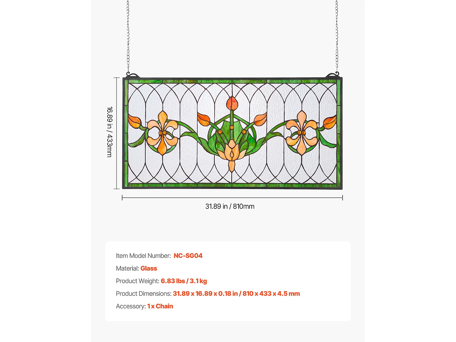 Attrape-Soleil Vitrail SucceBuy 81 x 43,3 cm, Vitrail Suspendu avec Chaîne, Style Tiffany, Rectangle Horizontal, Artisanat Traditionnel Vintage pour Décoration