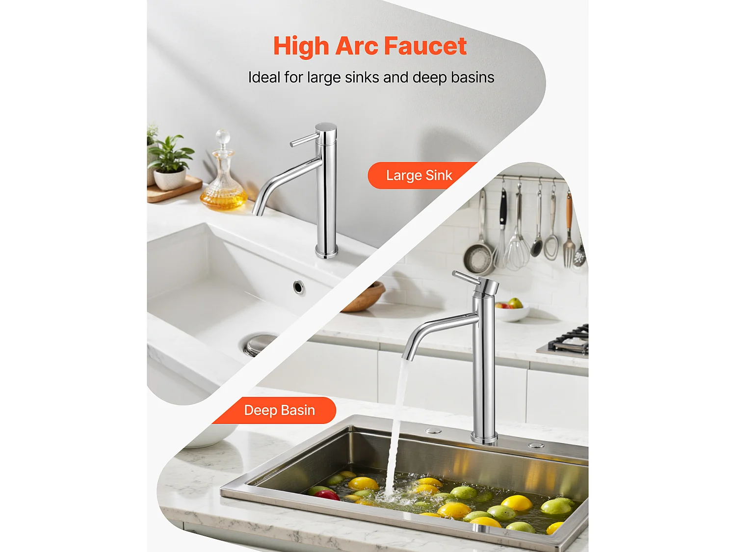 Robinet d'Évier à Poignée Unique SucceBuy, Mitigeur de Cuisine à Arc Élevé, Robinets d'Eau à 1 ou 3 Trous avec Bonde à Bouton-poussoir, pour Salle de Bain