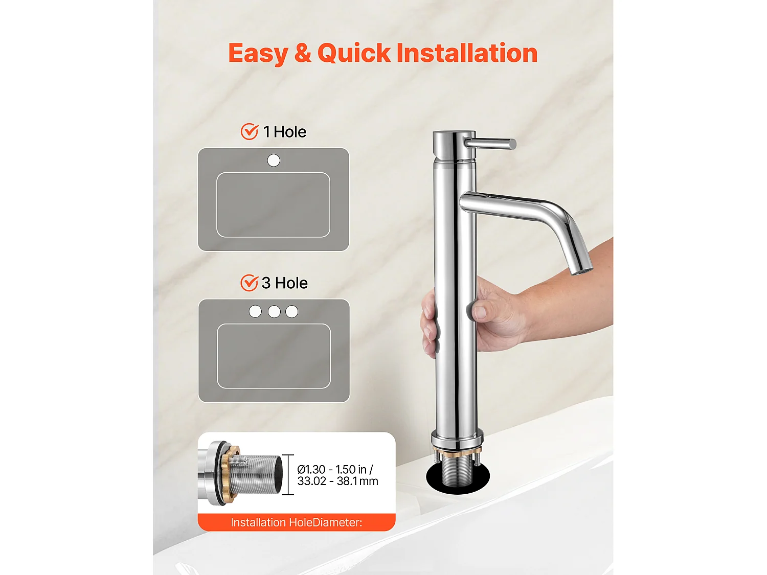 Robinet d'Évier à Poignée Unique SucceBuy, Mitigeur de Cuisine à Arc Élevé, Robinets d'Eau à 1 ou 3 Trous avec Bonde à Bouton-poussoir, pour Salle de Bain