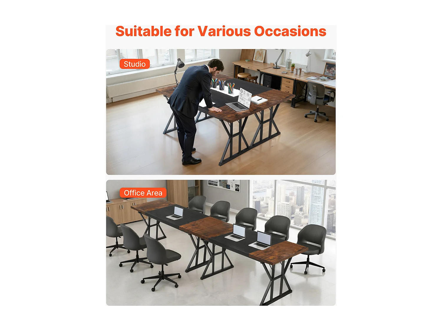 Directiebureau SucceBuy 180 x 80 cm, Grote Eenvoudige en Moderne Computertafel, Studiebureau van Hout met Metalen Frame, Belasting 68 kg, Bruin en Zwart