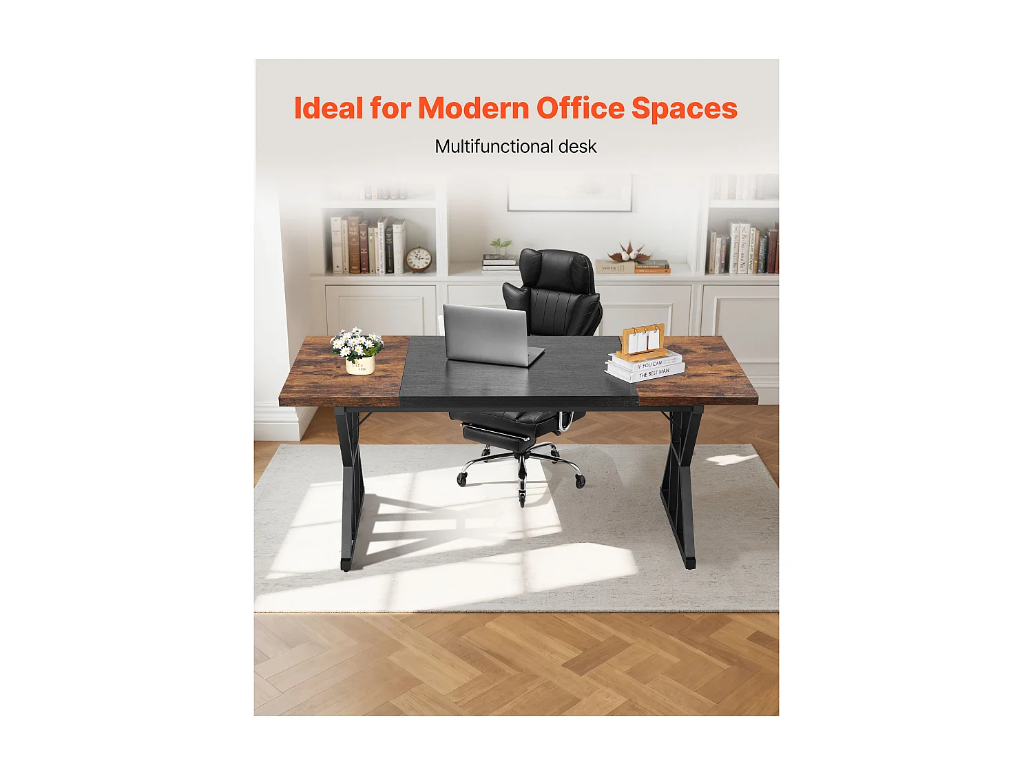 Directiebureau SucceBuy 180 x 80 cm, Grote Eenvoudige en Moderne Computertafel, Studiebureau van Hout met Metalen Frame, Belasting 68 kg, Bruin en Zwart